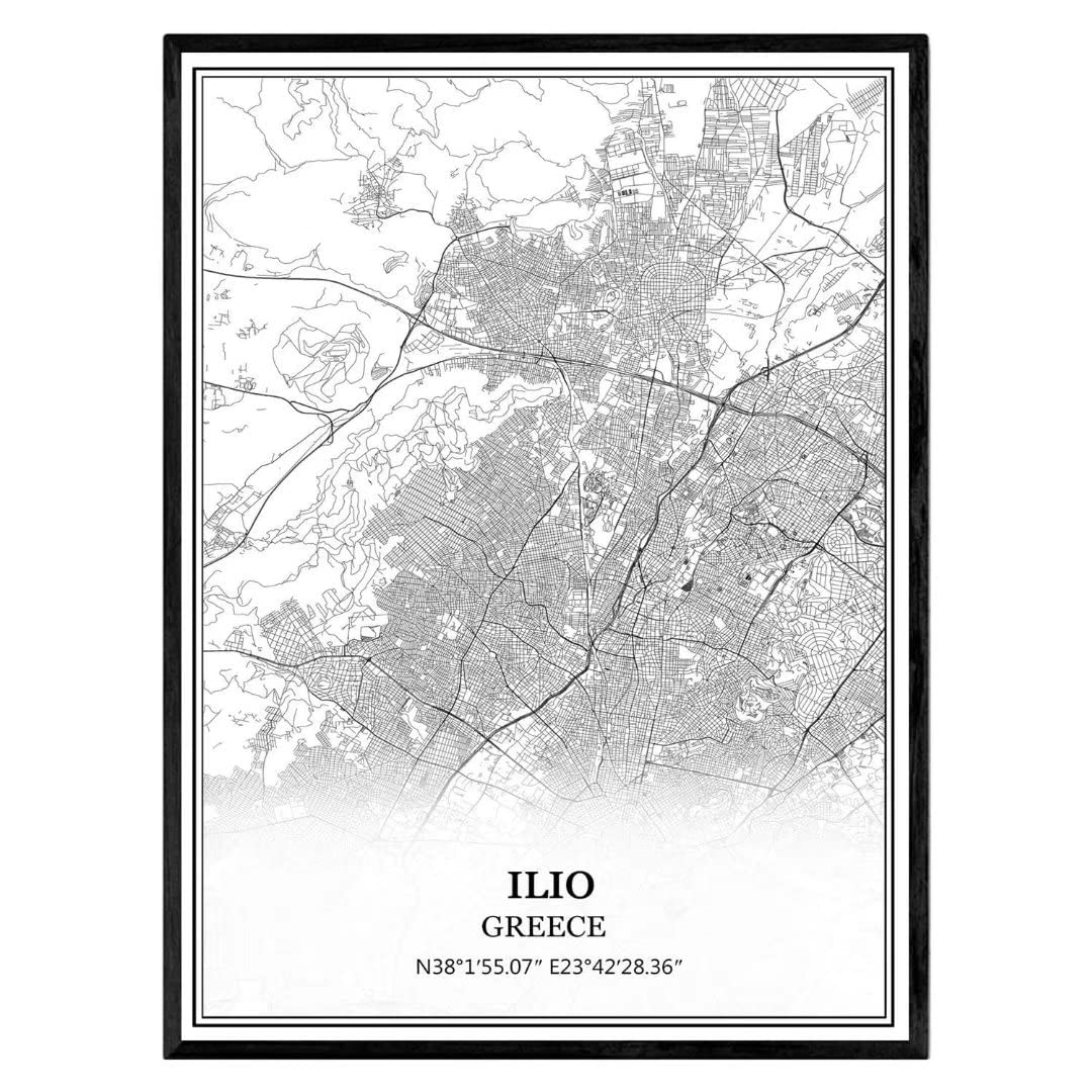 Ilio Greece Map Wall Art Canvas Print Poster Artwork Unframed Modern Black and White Map Souvenir Gift Home Decor 16 * 20 Inches