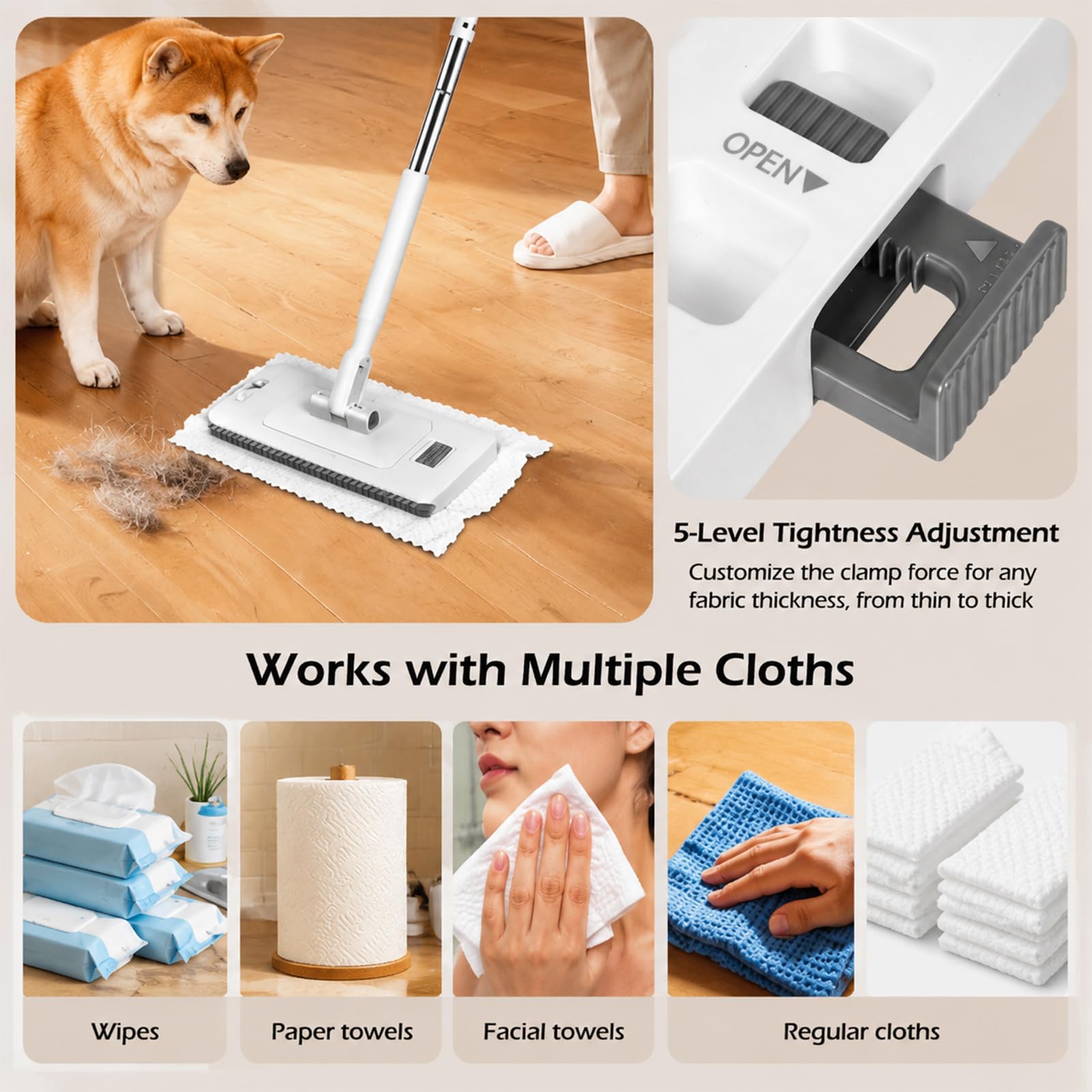 Mop z systemem zacisków ciśnieniowych 120 cm 2 w 1 bezdotykowy mop podłogowy płynnie działający system zacisków zatrzaskowych nadaje się do czyszczenia różnych powierzchni, w tym podłóg