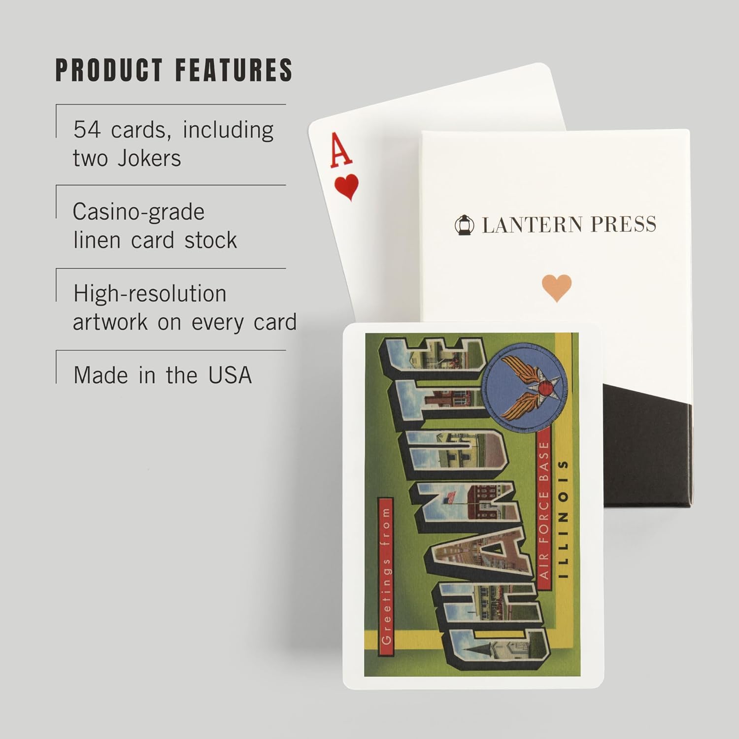 Lantern Press Illinois, Chanute Air Force Base, Large Letter Scenes, 52 Playing Cards for Adults, Poker Size Card Deck