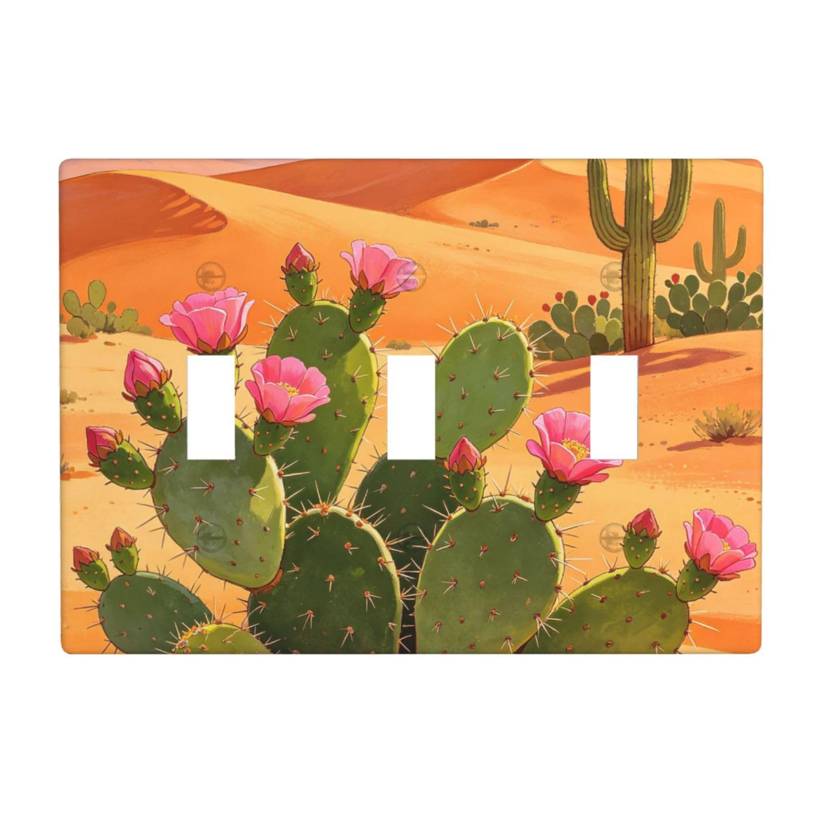Green Cactus Art 3 Gang Switch Plate Cover-Unbreakable Polycarbonate Wall Plate, Heat Resistant Toggle Switch Decor for Home