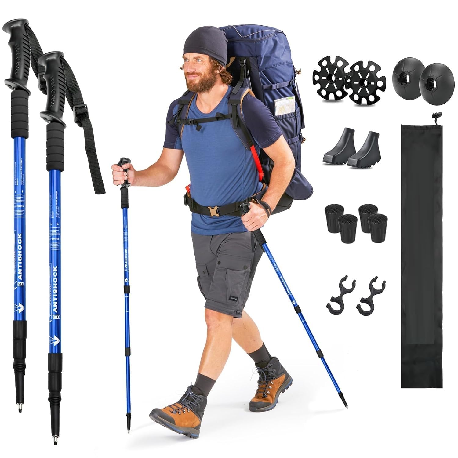 Rexmon Trekking Poles, Collapsible Lightweight Shock-Absorbent Hiking Walking Sticks Adjustable Aluminum Hiking Poles for Women Men Kids, 2 Pack, with 10 Replacement Tips(Blue)