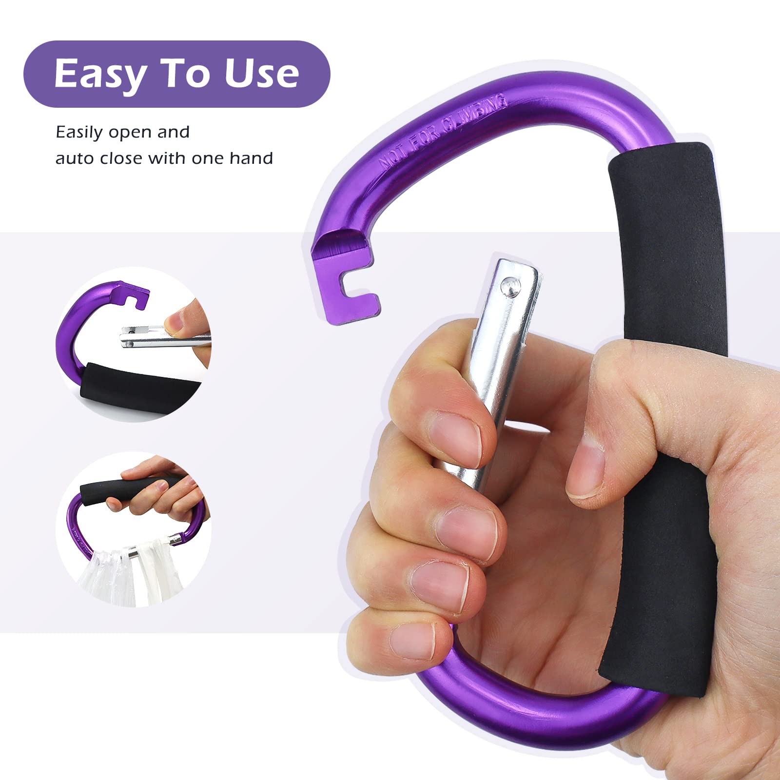 JIALEEY - Ganchos para cochecito de bebé, resistentes, grandes, duraderos, para cochecito de bebé, cochecito de bebé, compras, bolsas de plástico, 2 unidades, color morado