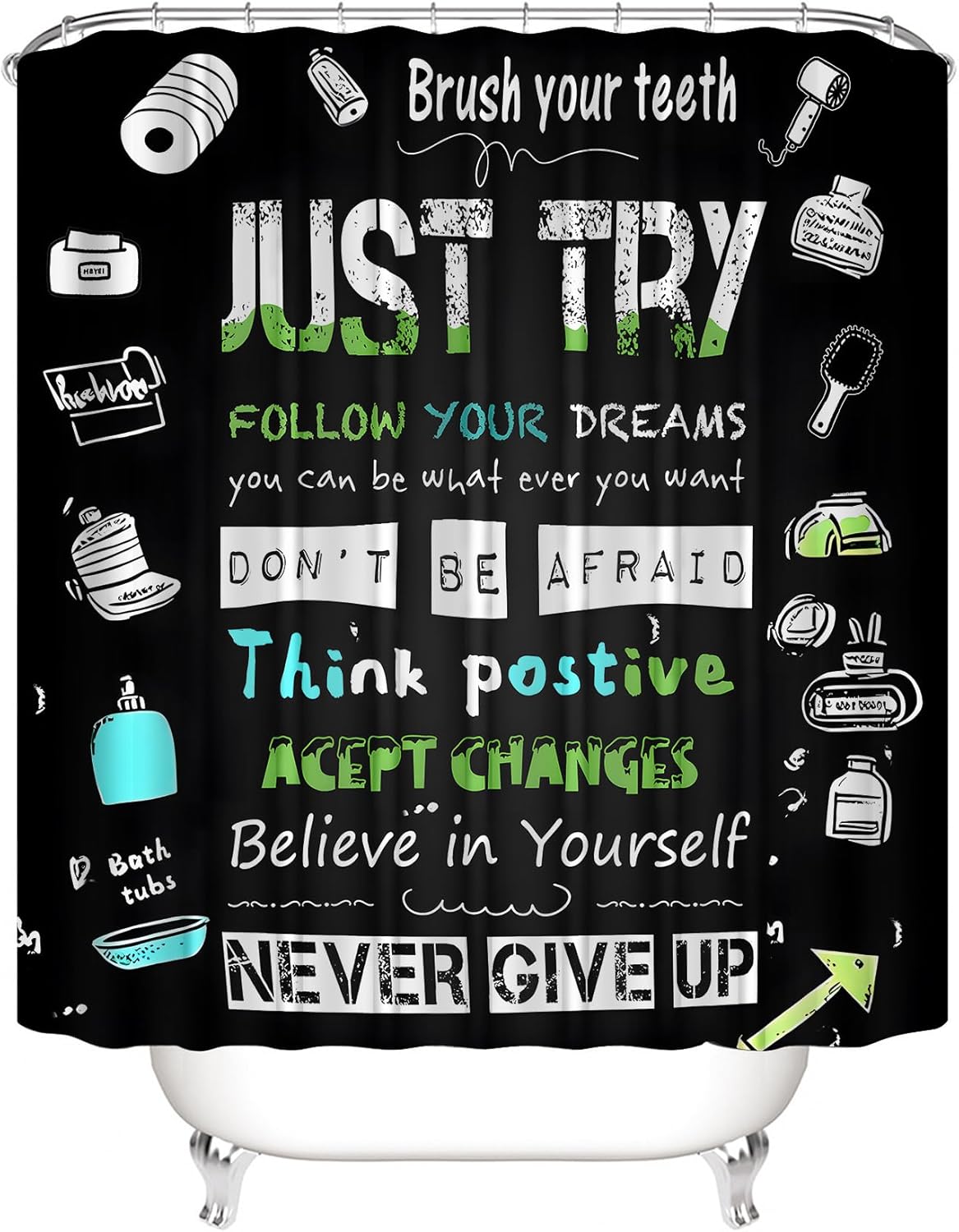 AZHM Black Inspirational Quotes and Positive Phrases Pattern Shower Curtain Set for Bathroom 4 Pcs Whimsical Design Bathroom Accessory Decor Sets with Shower Curtain and Rugs