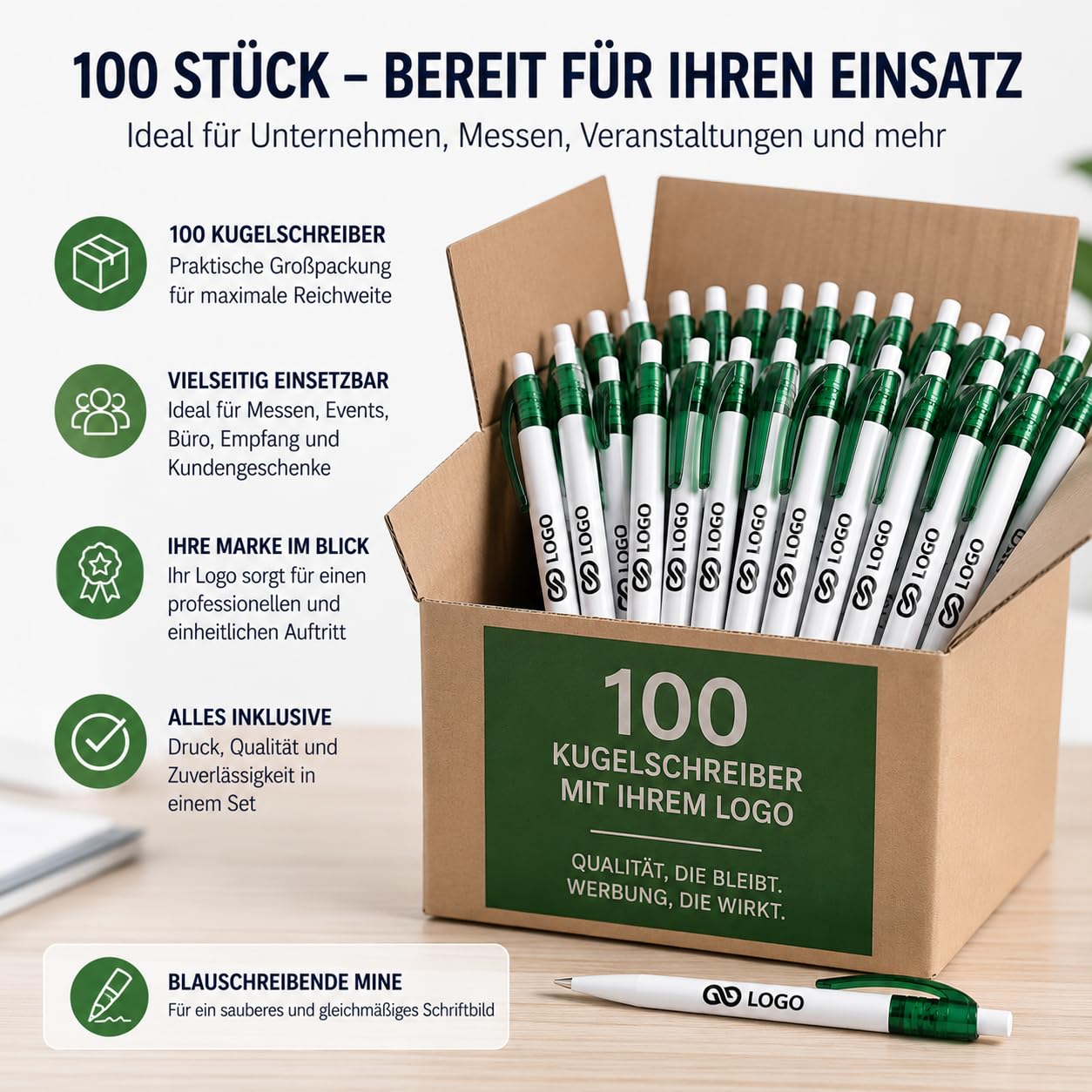 WPRO Werbekugelschreiber mit Logo Alex 100 Stück personalisiert, Kugelschreiber bedrucken für Firmen Messe Events, blauschreibend, 5 Farben, Druck inklusive