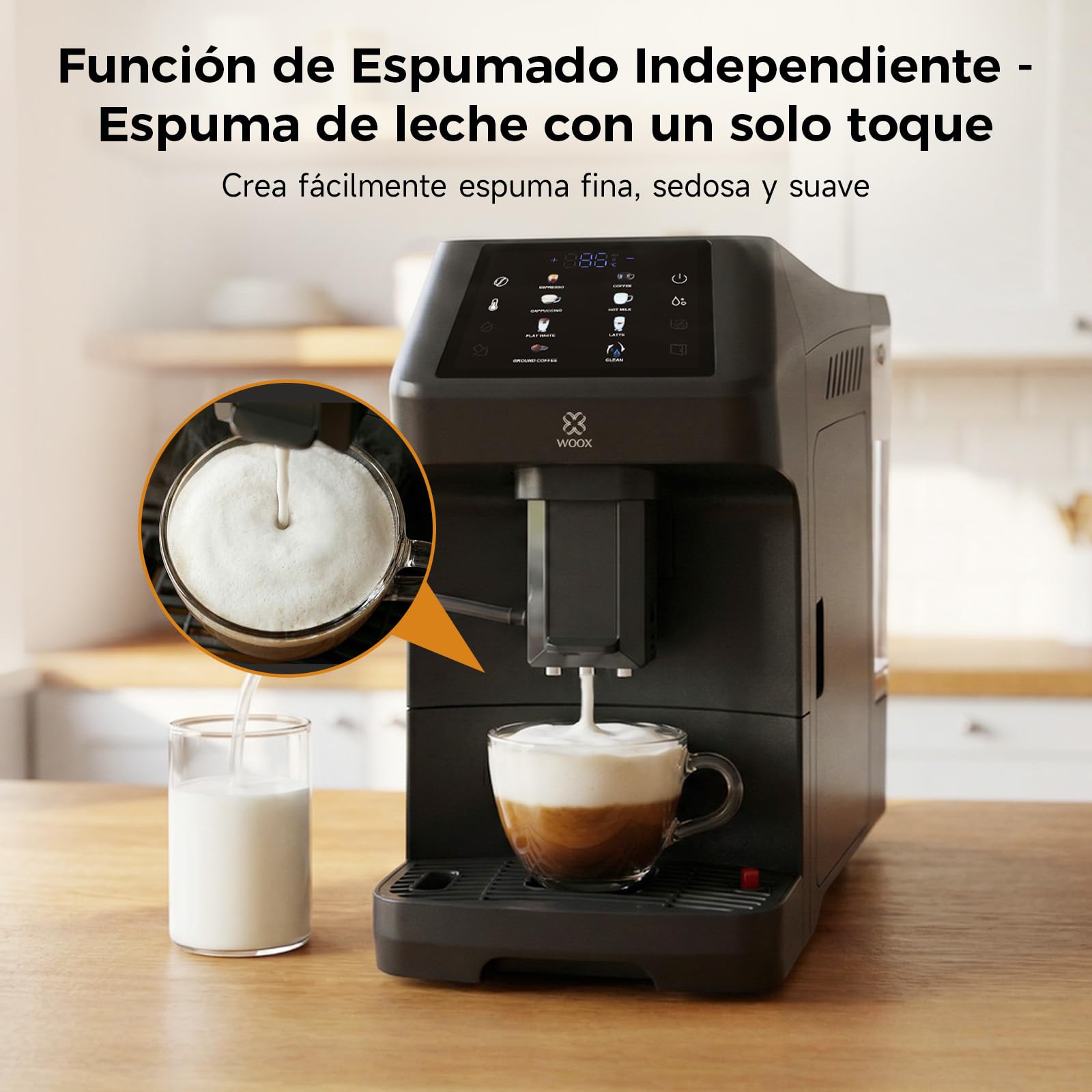 Woox Cafetera Superautomática de 20 Bares – Máquina de Café con Molinillo y Espumador de Leche, Tanque 1,5L, One-Touch, Autolimpieza, Cafetera Profesional para Hogar y Oficina