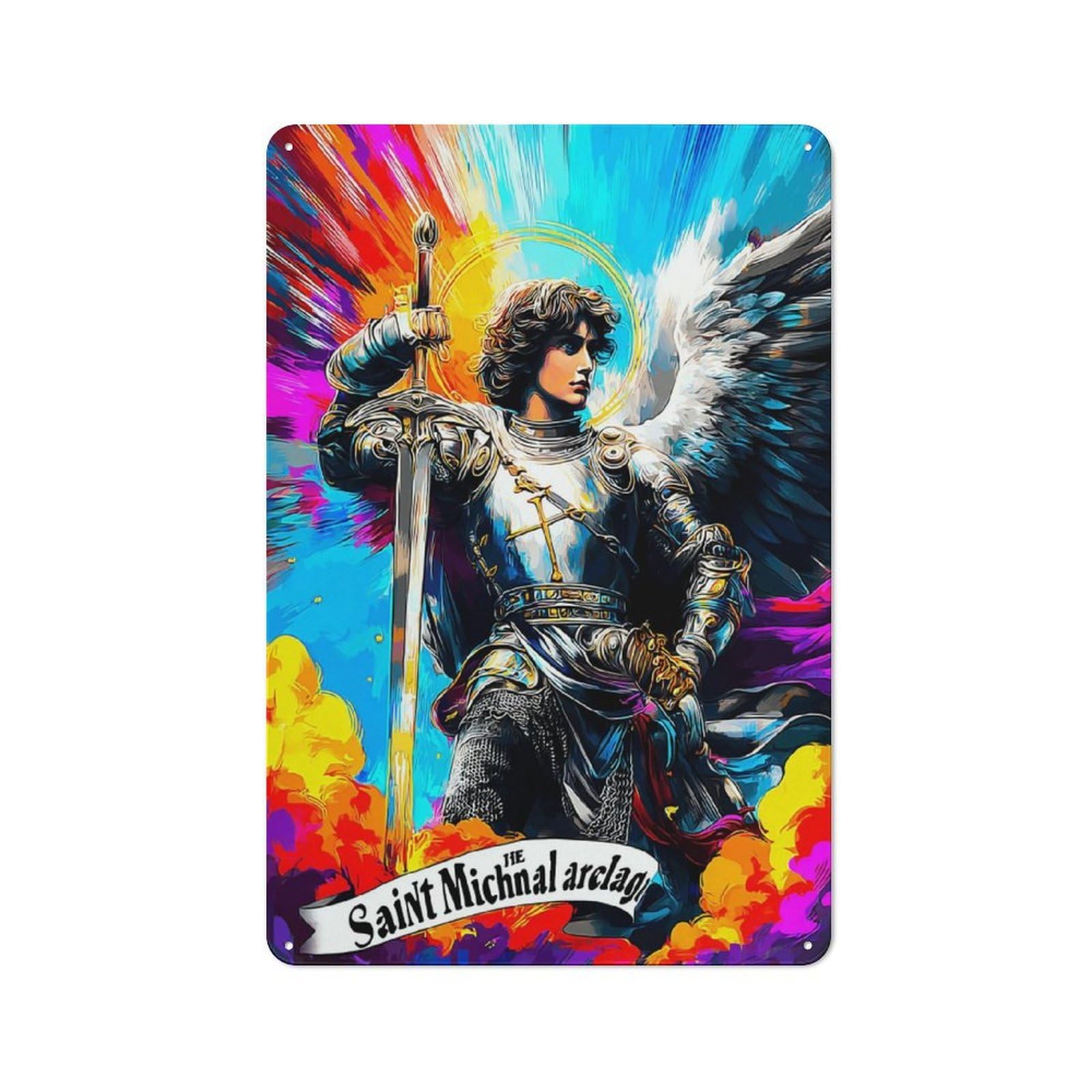Junmoney Saint Michael's Heavenly Might Tin Wall Plaque 30X20cm With For Garage Or Workshop, For Living Room, Hallway And Entrance Wall Decor