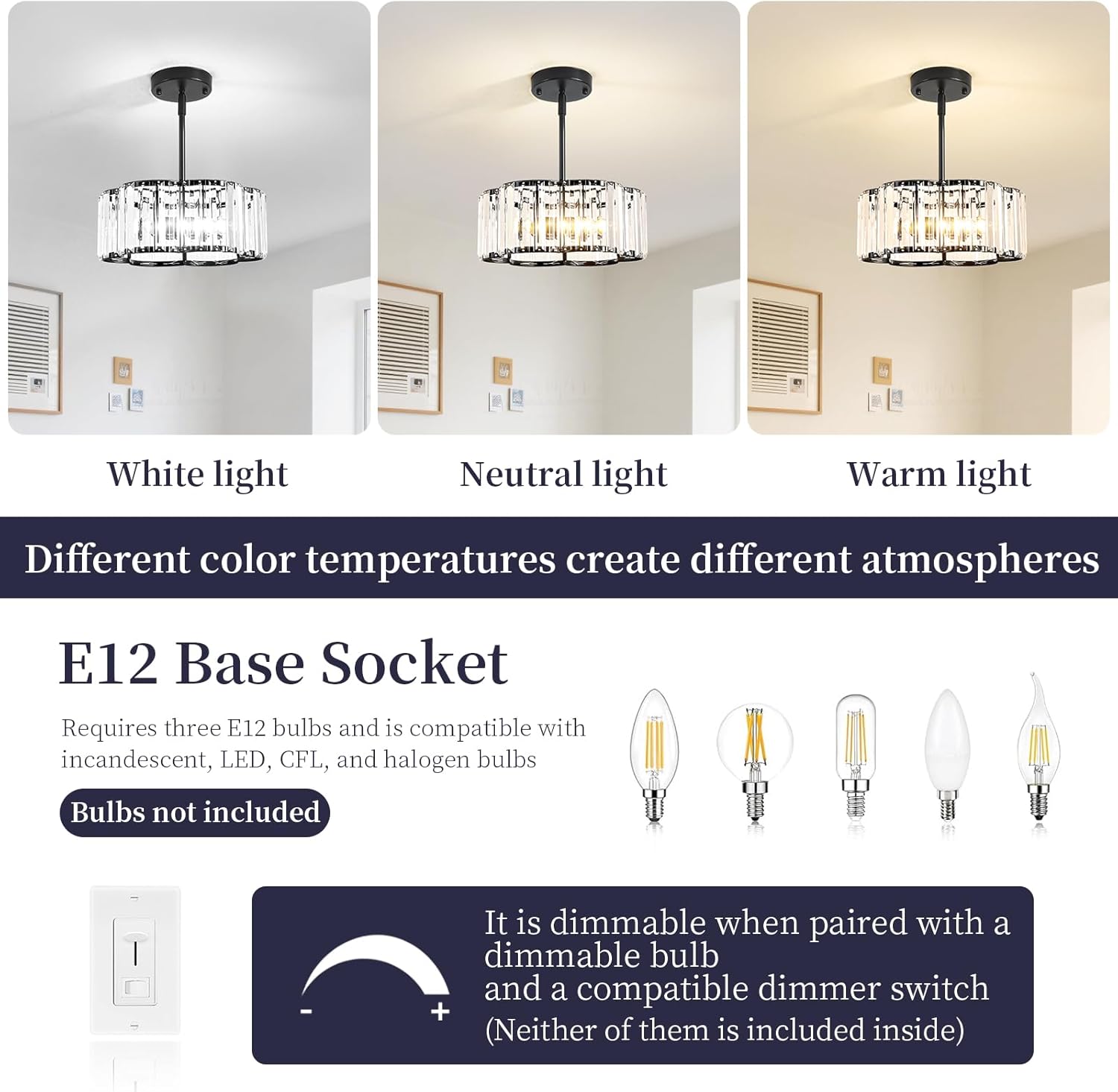 Black Crystal Chandelier for Dining Room,Modern Semi Flush Mount Ceiling Light Fixtures,3-Ligh Round Kitchen Hanging Drum Pendant Light Fixture for Hallway Entryway Foyer Laundry Room, 12''