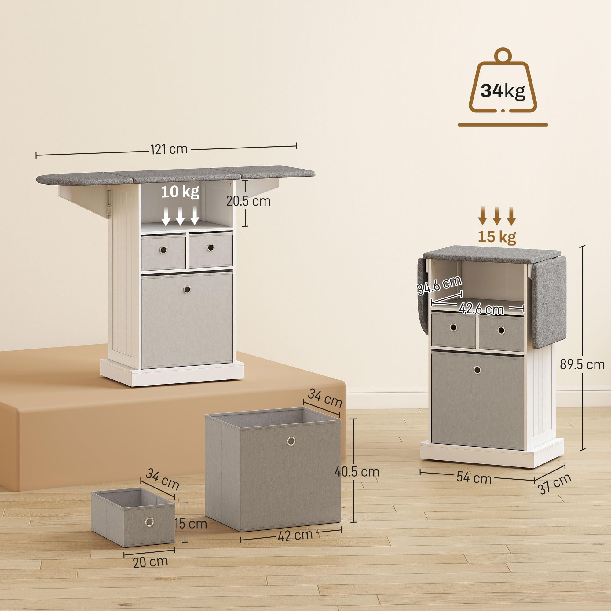 HOMCOM Mobile Asse da Stiro Pieghevole Salvaspazio, Mobile da Stiro Multiuso con 3 Cassetti in Tessuto Effetto Lino, Ruote a Freno, Ripiano Aperto, per Lavanderia e Bagno, 121x37x89.5 cm, Bianco