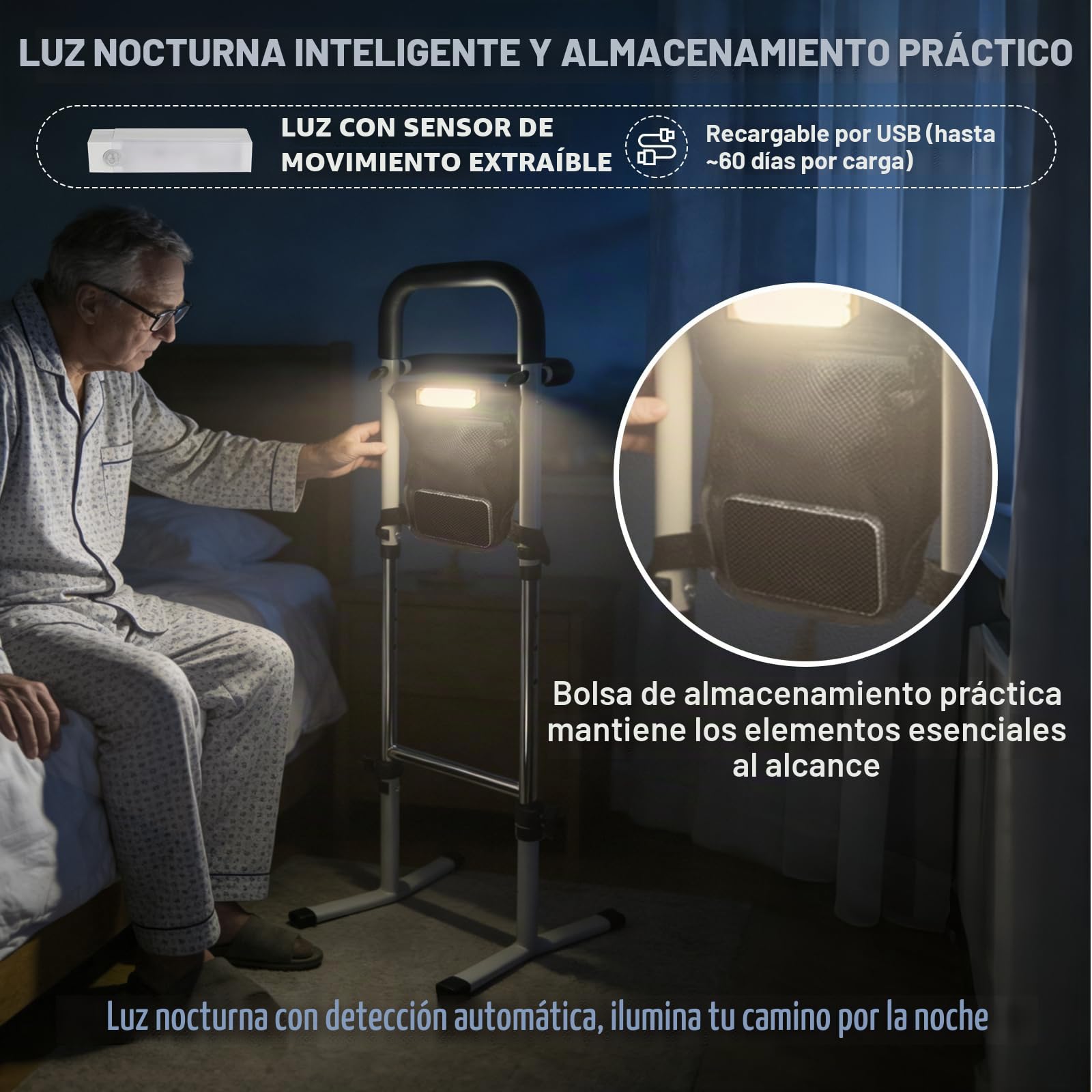 Soporte de Ayuda para Levantarse para Personas Mayores con Barandales Duales, Ayuda de Pie con Luz con Sensor y Bolsa, Altura Ajustable (72-87cm), para Inodoro, Cama y Sofá, Capacidad 136kg