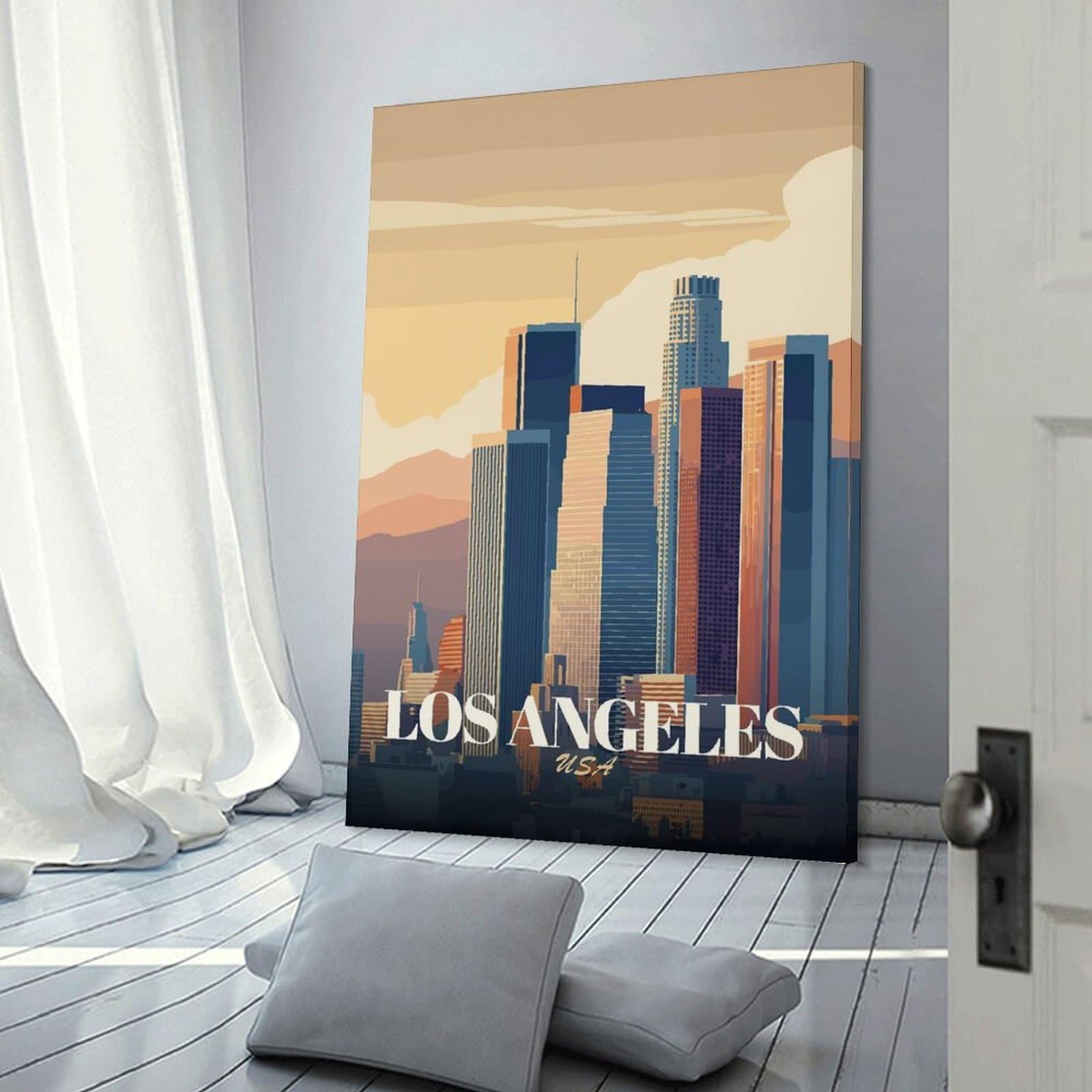 Junmoney Los Angeles Cityscape Illustration(3) Hanging Wall Art, 24x36inch(60x90cm), for Living Room, Bedroom, Office Or Hallway, Decorative Artwork with Broad Appeal