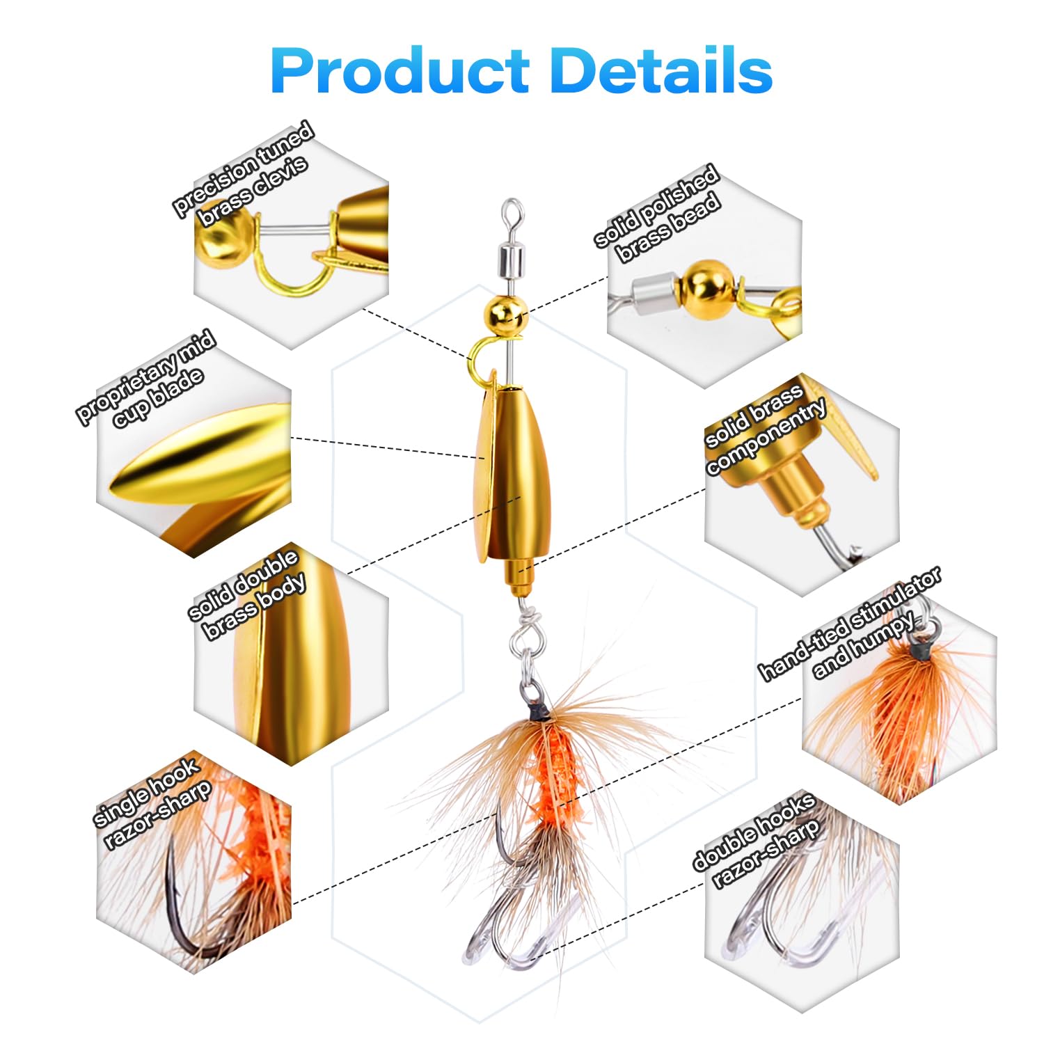 Trout Spinner Lures with Stimulator/Humpy Dry Fly Tail, Brass Hard Metal Hand-Tied Rooster Bait Tail Fishing Spinnerbaits for Bass Pike Salmon Saltwater Freshwater Lake River