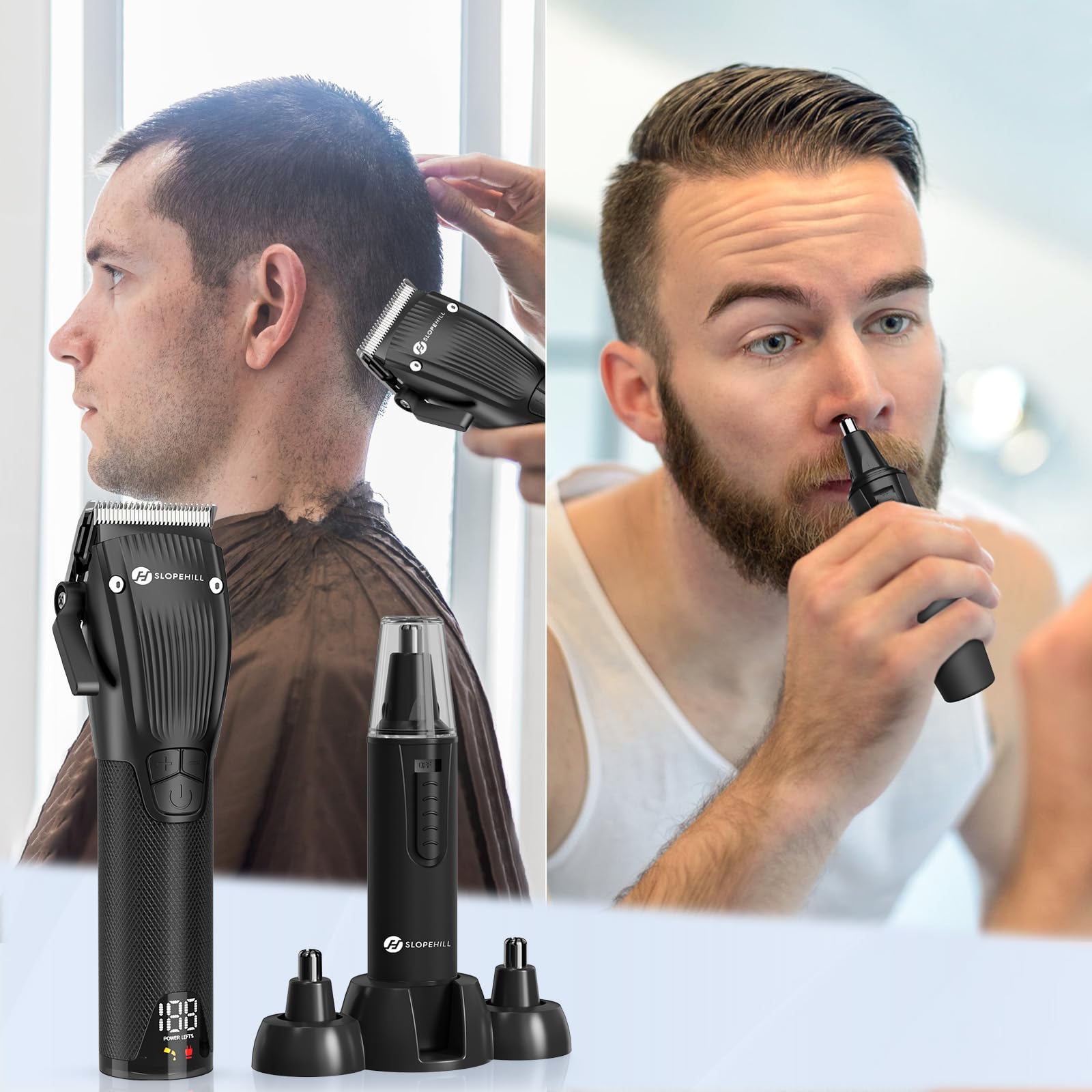 Profi Haarschneidemaschine und Nasenhaartrimmer Set für Herren - Slopehill Schnurloser Haarschneider Mit LED -Anzeige, Haartrimmer Nasenhaarschneider Kit für Männer
