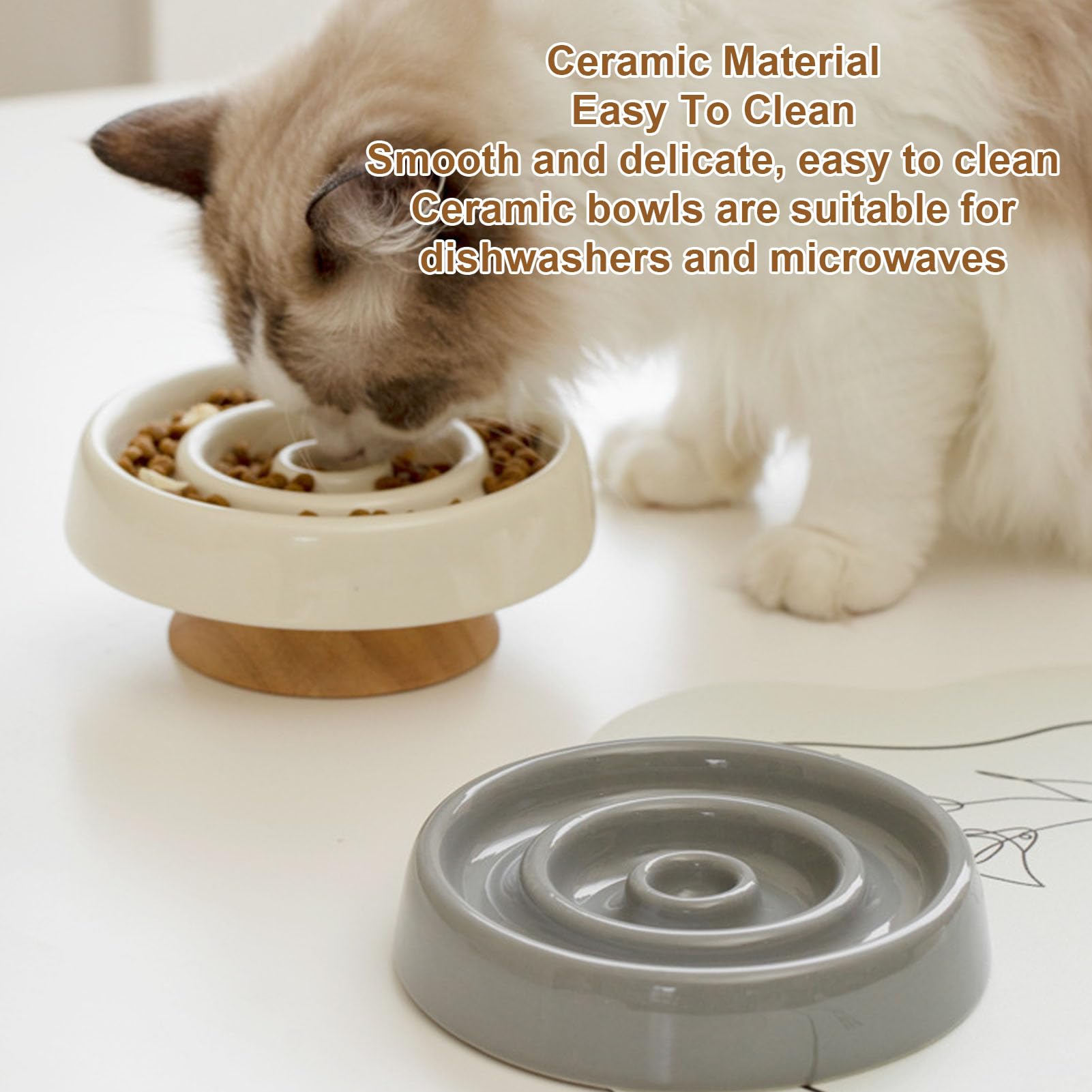 Ciotola per Gatti in Ceramica con Alimentazione Lenta con Base in Legno Rialzata, Mangiatoia Lenta Antiscivolo per Gatti per Prevenire Gonfiore e Soffocamento (Beige chiaro)