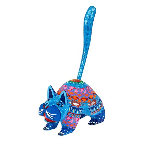 Artisan Handmade Alebrije Sculpture Mexican Cat Blue Wood Mexico Animal
