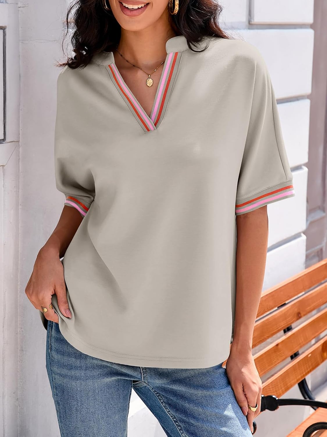 Tankaneo Womens Oversized T Shirt Casual Half Sleeve Color Block Work Tops image 3