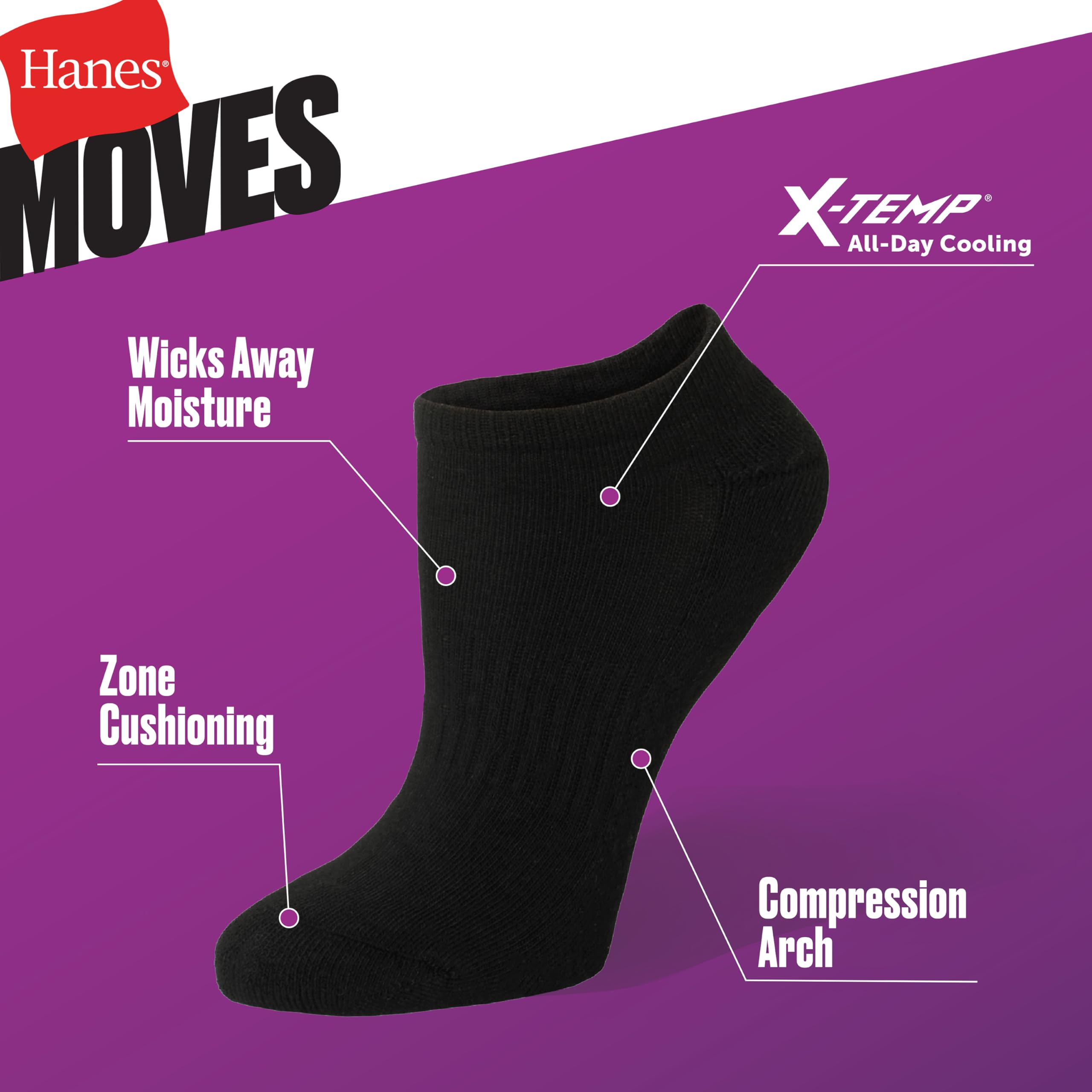 Hanes Moves No Show, Performance skarpety damskie, X-Temp, amortyzowane wsparcie łuku, 6-pak, białe, 5-9
