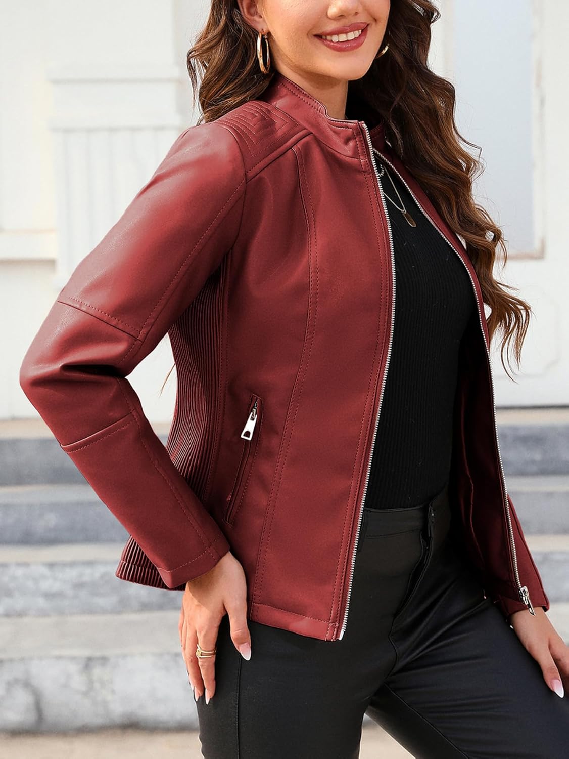 Bellivera Faux Leather Jacket Women Motorcycle Zipper Bomber PU Bike Coat with Pockets - Image 7