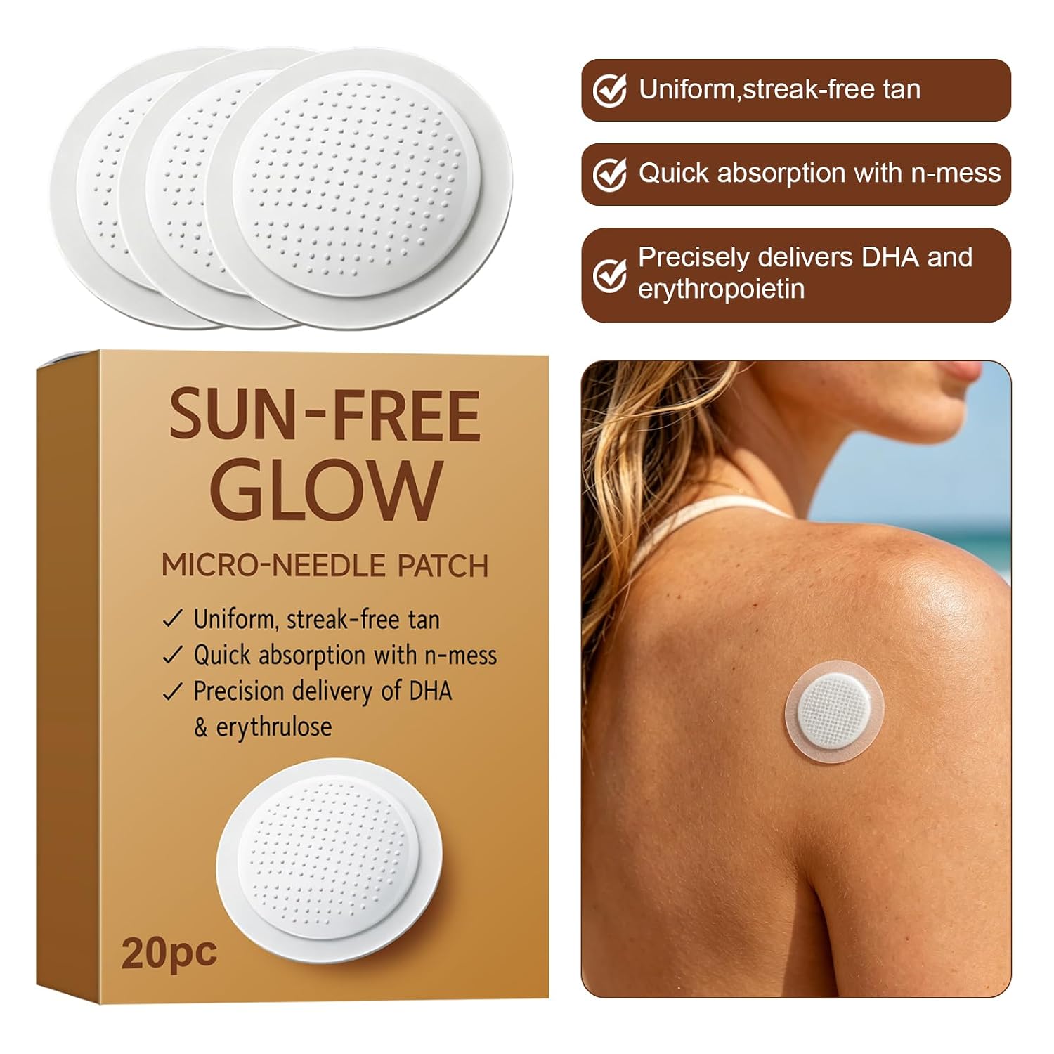 Sun-Free Glow Patch, Round Micro-Tip Beauty Patches, Peel and Place Body Glow patch fes or Easy Routine Use,New Microdarts patchs for Women and Men,Suitable for All Skin Types (20 Pieces)