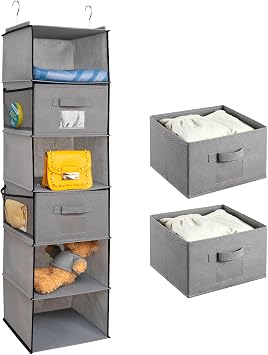 BrilliantJo Hanging Wardrobe Organiser 6 Shelves with 2 Removable Drawers Closet Storage, hanging Shelves Unit with 4 Pockets for Clothes - Grey12x 12 x 43.3 inch