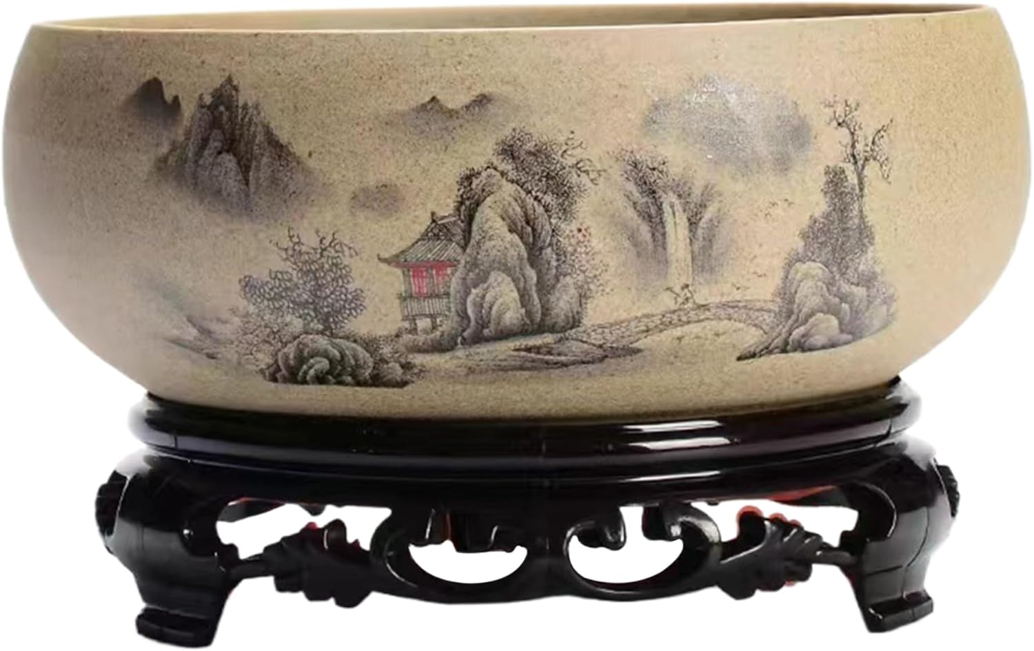 Ceramic Planter Round 6.5 in Dia Decorative Chinese Style Bowl Planter with Base Gardening Desktop Ink Painting Outdoor/Indoor Large Planter Pots for Patio Balcony Home Bowl Lotus