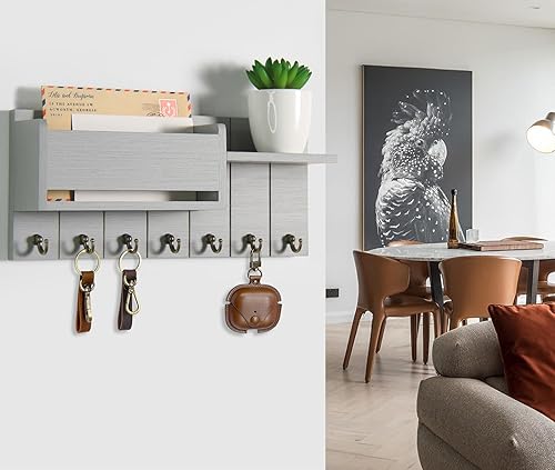 Miniatura 6 de Soporte para llaves de pared, organizador decorativo para llaves y correo con 6 ganchos para llaves, colgador de llaves de madera con estante para