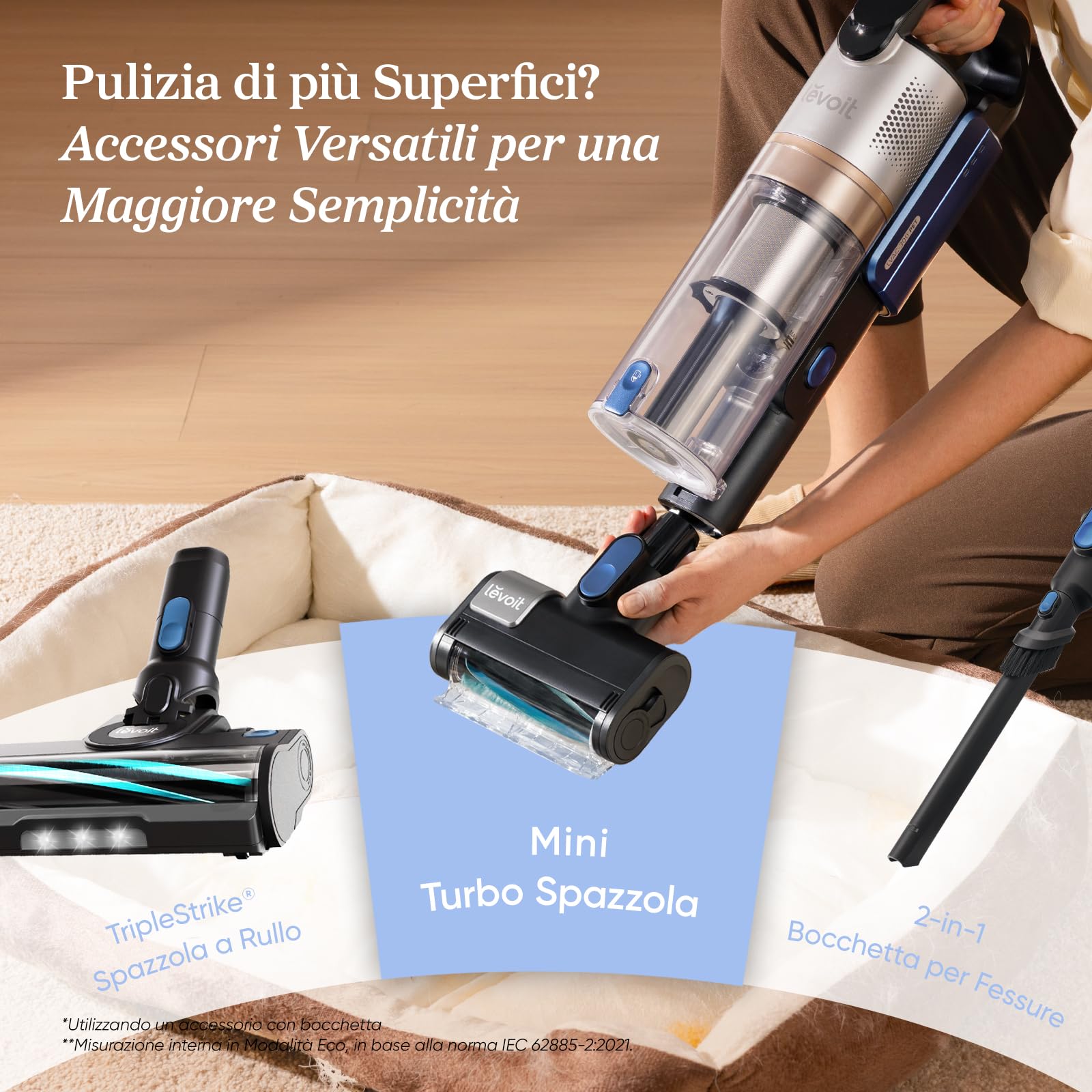 LEVOIT Aspirapolvere Senza Fili Potente con Mini Turbo Spazzola e Antigroviglio, 99,99% Filtrazione con HEPA, Scopa Elettrica Senza Fili con Schermo LED, Fino a 60min, per Pavimenti, Peli di Animali