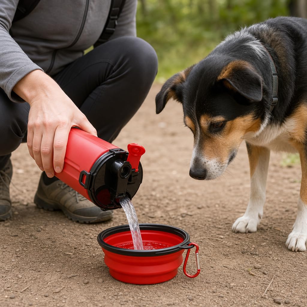 Contenitore per cani da viaggio, con 2 camere separate per acqua e cibo secco e ciotola pieghevole in silicone, 800 ml, portatile (rosso)