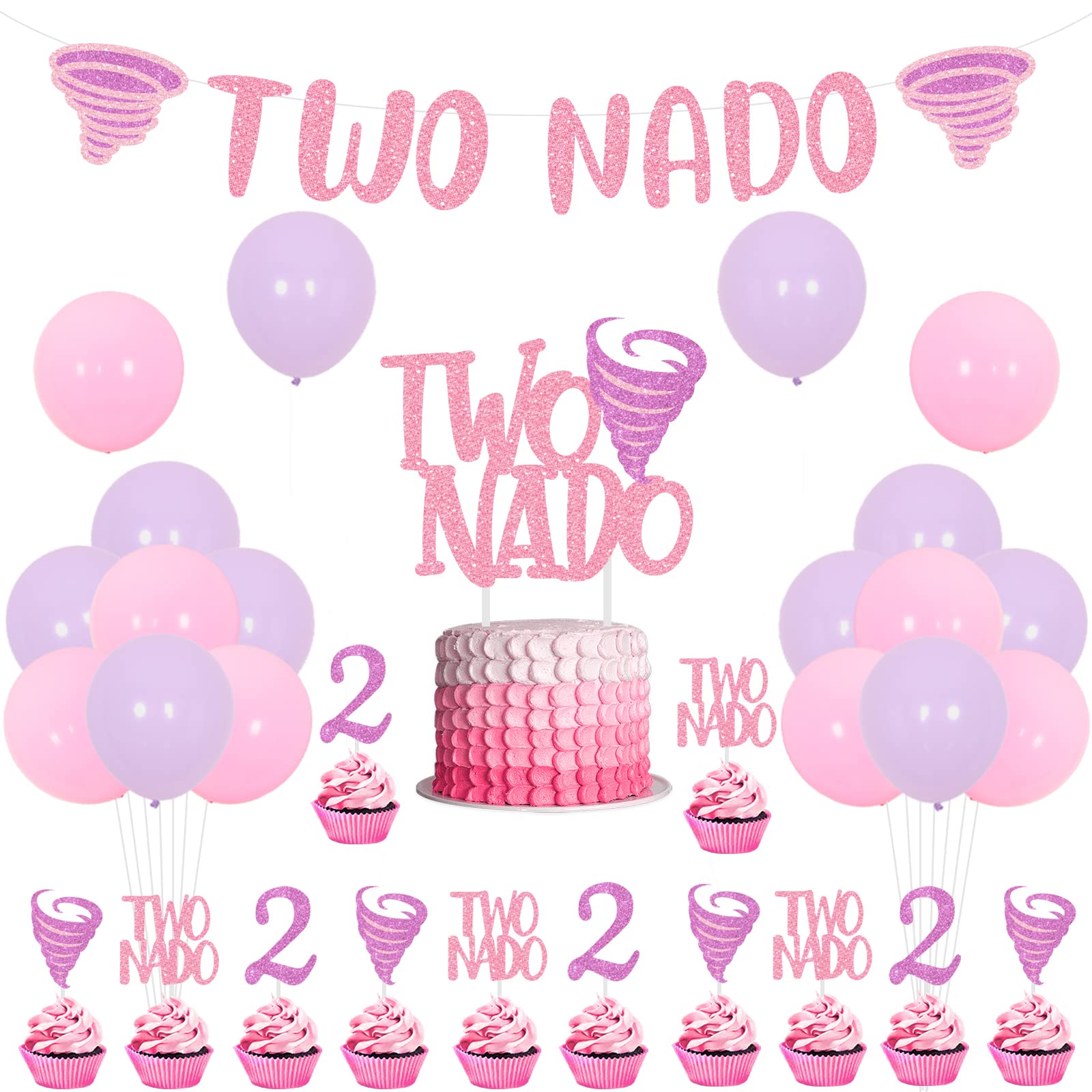 Balterever Tornado Birthday Party Decorations for Girls Tornado 2nd Birthday Party Supplies with Two Nado Banner Cake Cupcake Toppers for Two Year Old