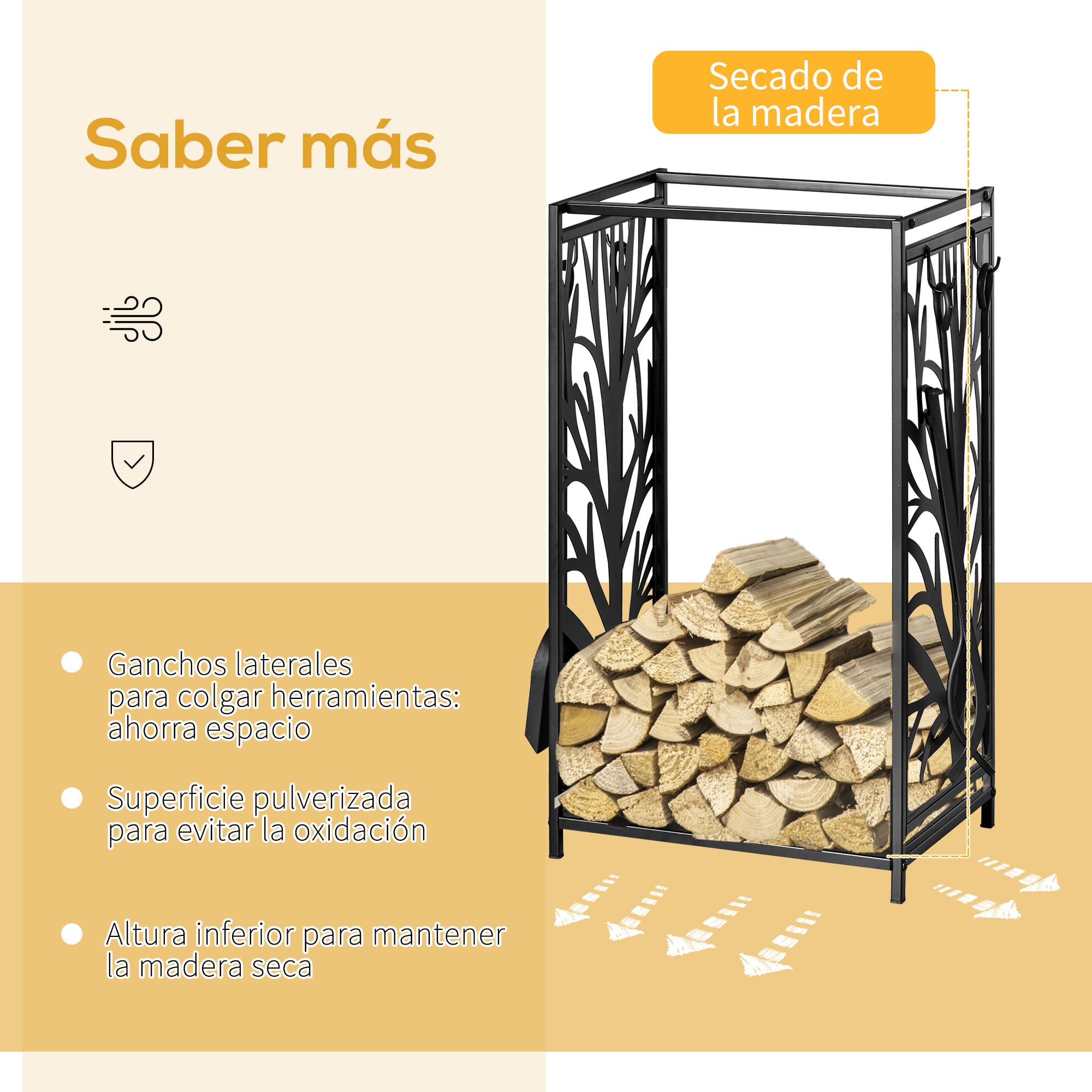 HOMCOM Estante para Leña Estantería de Almacenamiento para Chimenea Soporte para Leña con 4 Herramientas para Interior y Exterior 46x30x70 cm Carga 100 kg Negro