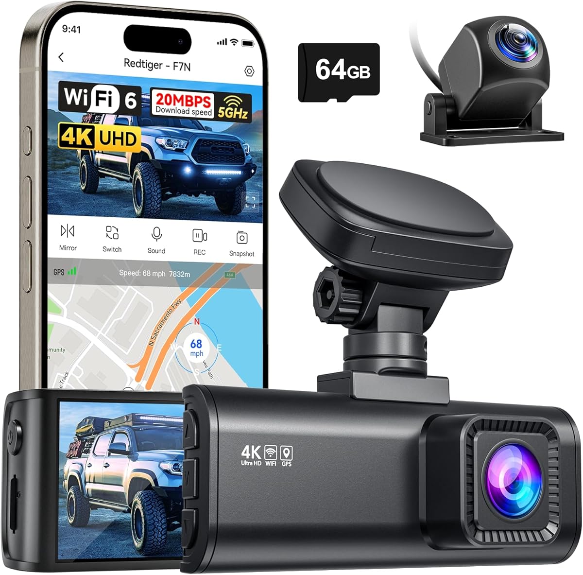 REDTIGER F7N 4K Dual Dash Cam, 5.8GHz WiFi-20 MB/s Fast Transfer, 64GB Card, Front 4K/2.5K and Rear 1080P Dash Camera for Cars with 3.18'' Screen, Precise GPS, Parking Monitor, Support 256GB Max