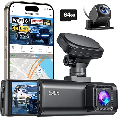 REDTIGER F7N 4K Dual Dash Cam, 5.8GHz WiFi-20 MB/s Fast Transfer, 64GB Card, Front 4K/2.5K and Rear 1080P Dash Camera for Cars with 3.18'' Screen, Precise GPS, Parking Monitor, Support 256GB Max