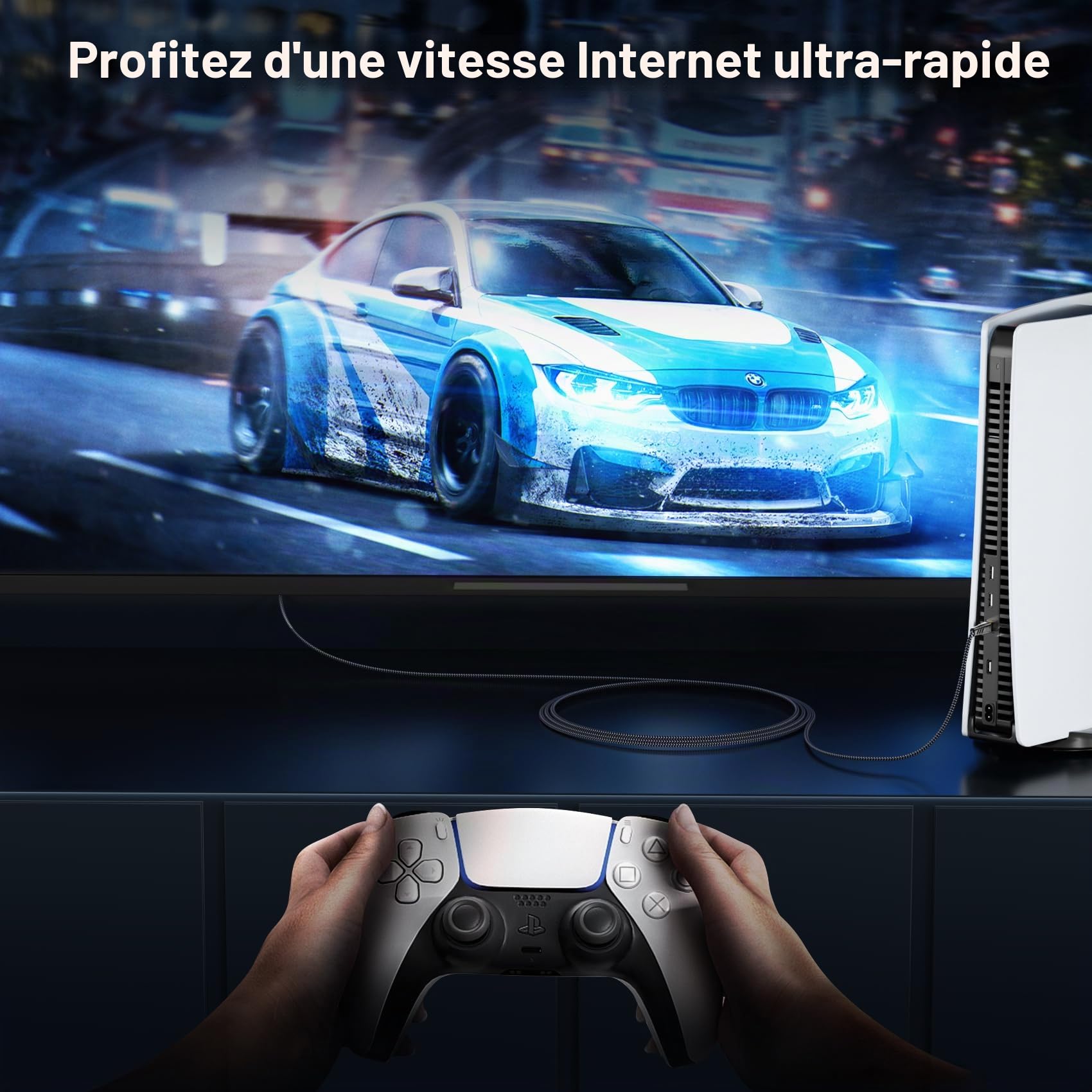 Cat 8 Câble Ethernet 5m, Cat 8 RJ45 Cable Super Débit Réseau Lan Patch 40Gbps 2000MHz Plat Nylon Tressé Câble Internet Compatible avec Routeur, Switch, Modem, TV, PS5/4, Xbox, P