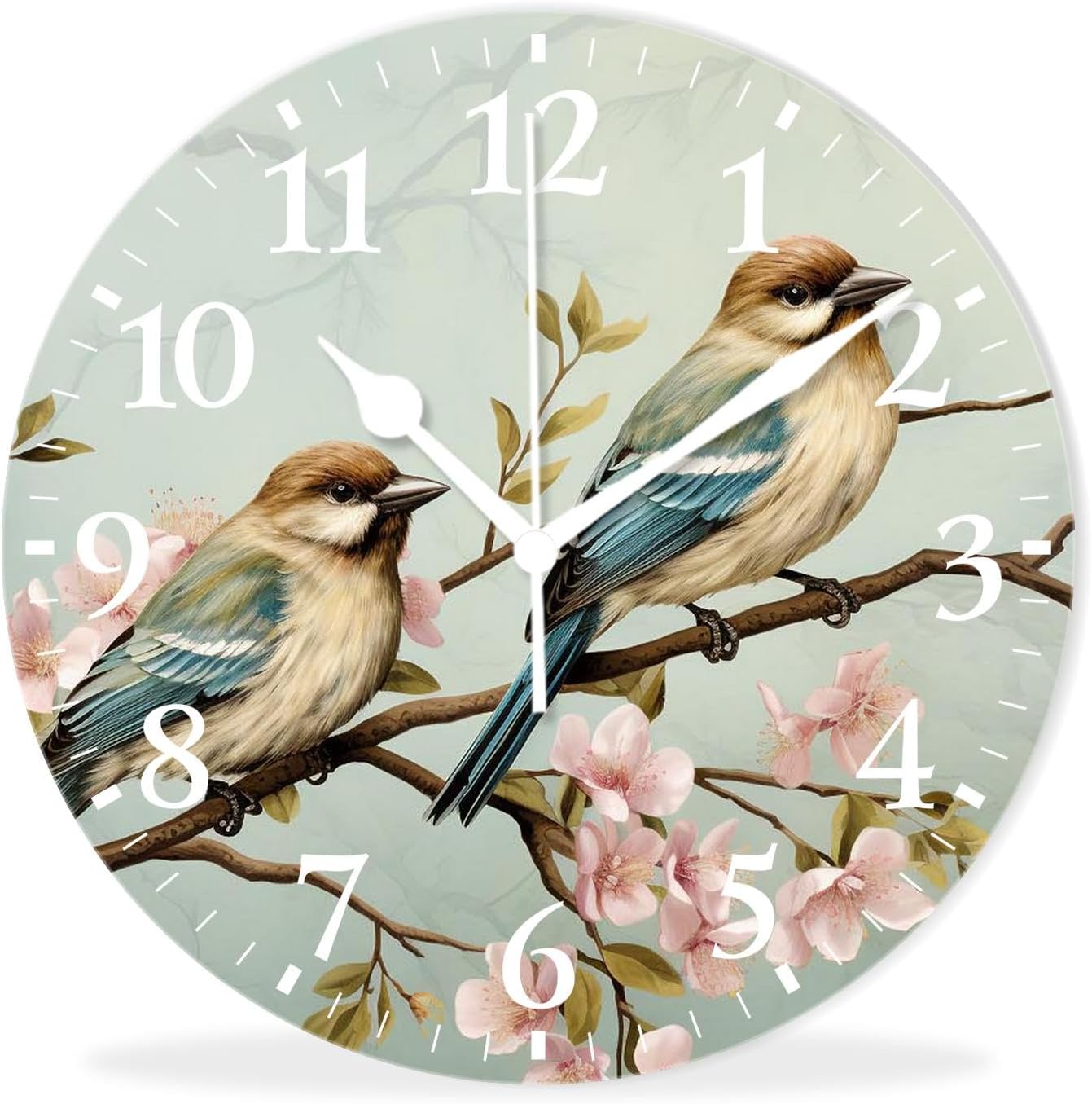 Decorative Wall Clocks Non-Ticking Silent Quartz Analog Clocks with Arabic Numerals for Home,Office,Kitchen-Spring Flowers and Birds Print(14inch)