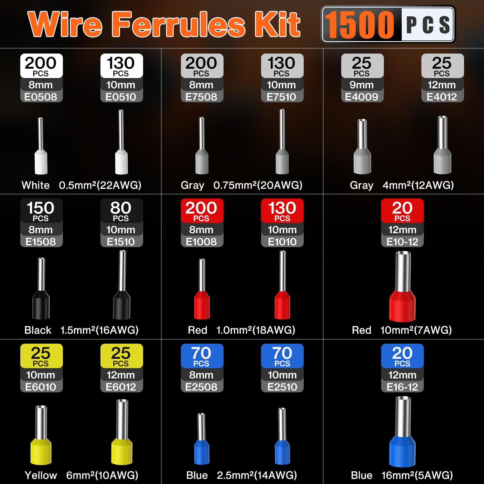 Crimpadora Terminales Electricos, Kit Profesional con 1500 Terminales y Maletín, Alicate de Crimpar con Trinquete Ahorrador 0.08-16mm² para Electricistas