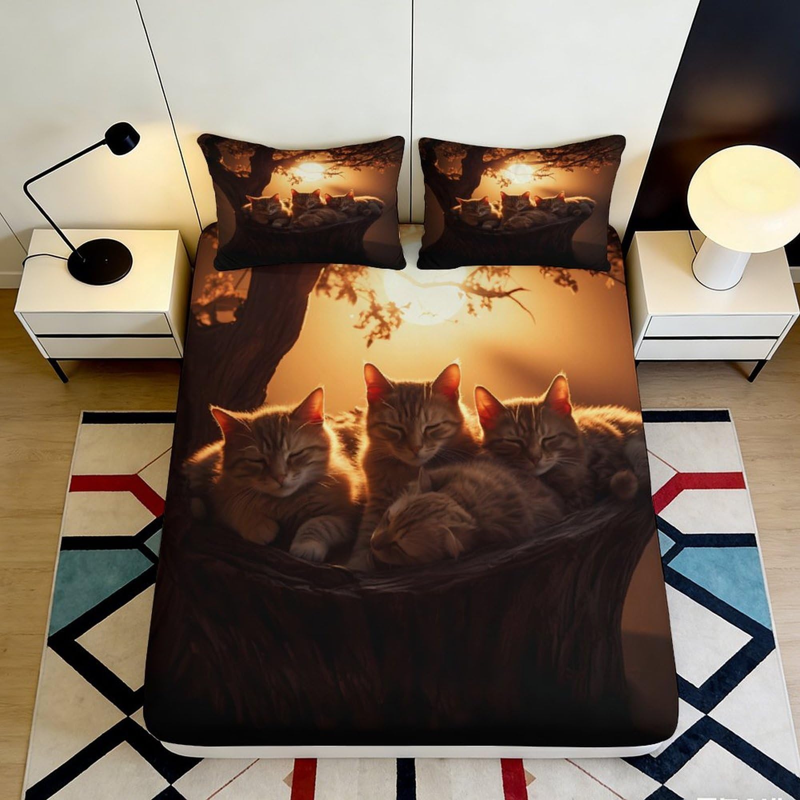 3D Printed Sunset Cat Fitted Sheet Microfiber Decorative Sleeping Kittens Mattress Cover for Bedroom Guest Room Easy Care 90x200x25cm