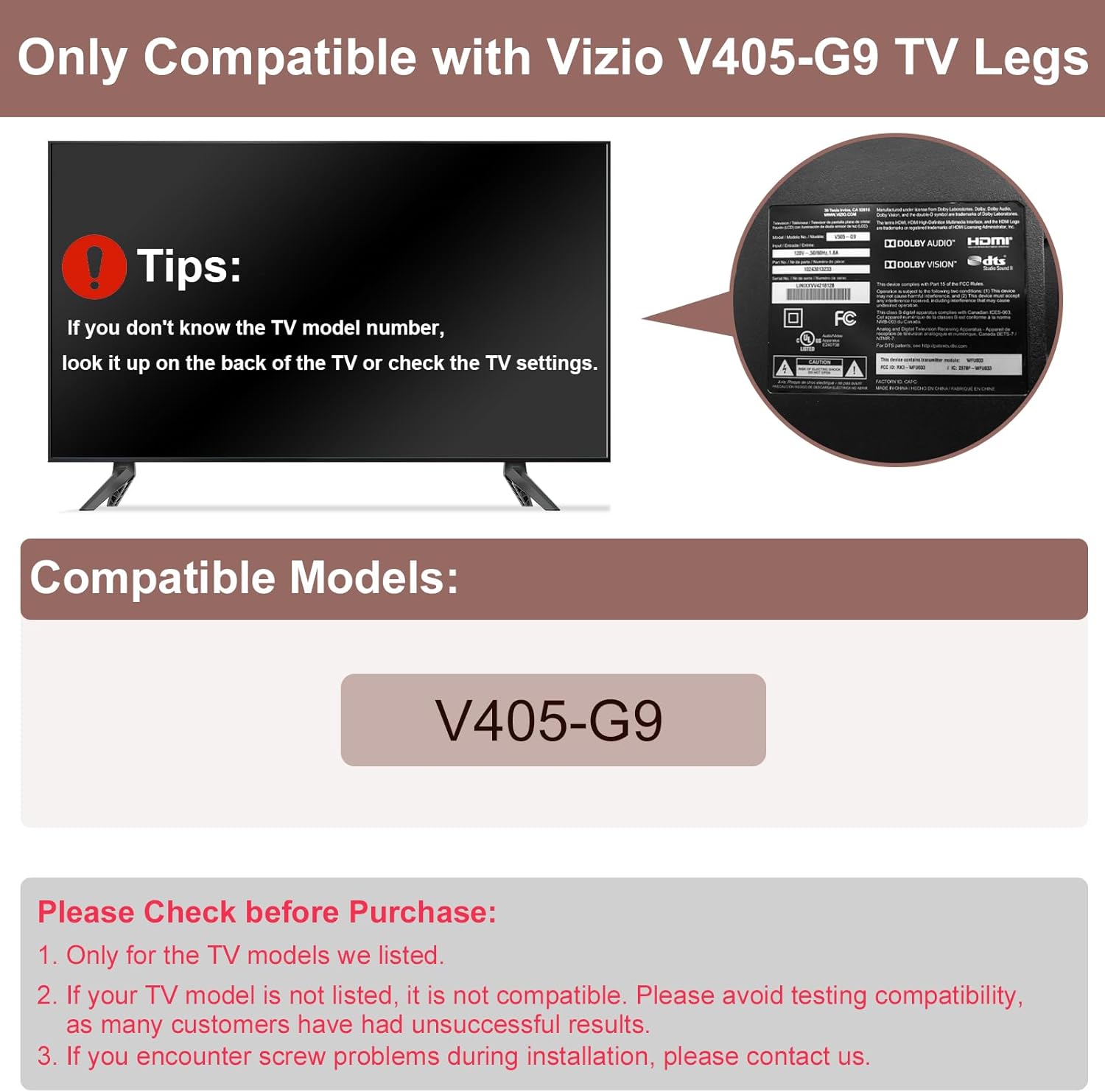 TV Stand Legs Only for Vizio TV Replacement Legs V405-G9, Not for Other TV Models, Only for Vizio TV Stand We Listed wr Screws Set, Easy to Install