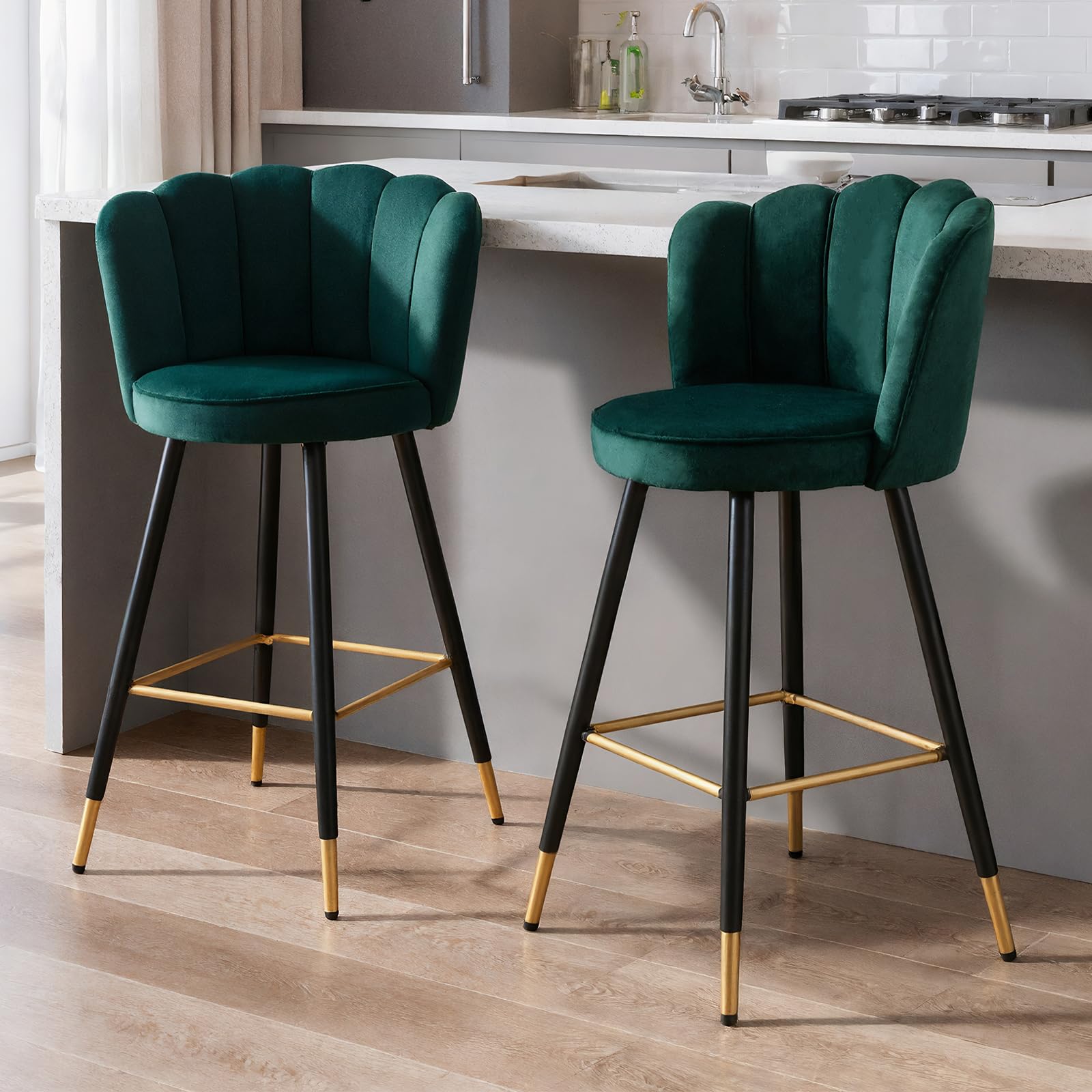 chairus Set of 2 Modern Velvet Bar Stools with Petal Backrest, Green