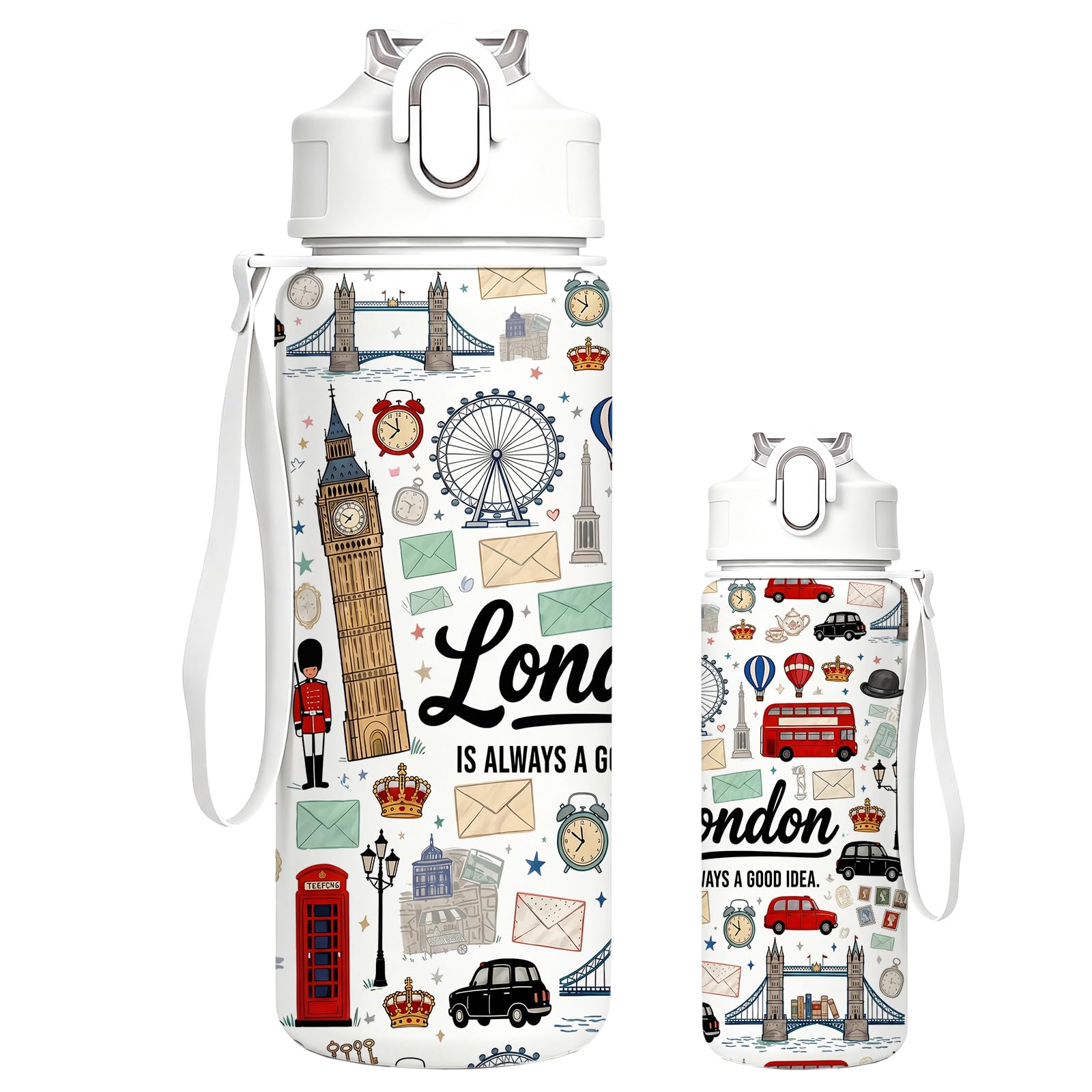 750ml London Themed Water Bottle, Reusable Plastic Bottles with Straw & Lid