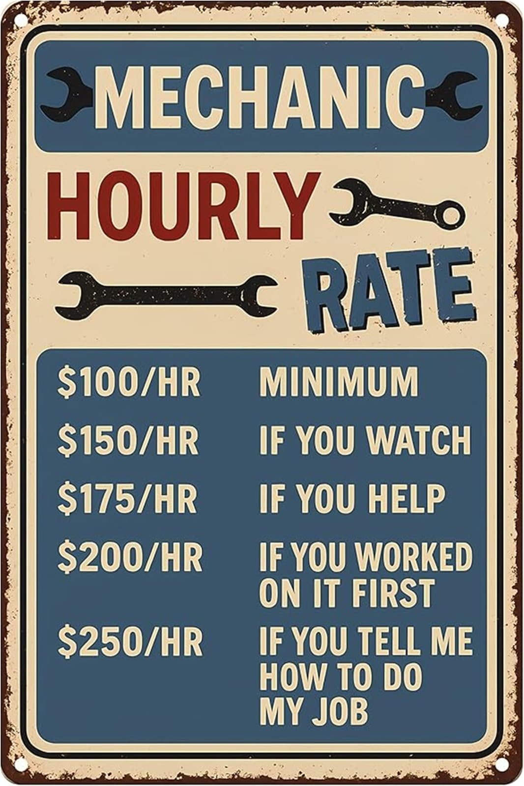NWPNLXEA Vintage Humor Metal Sign Funny Mechanic Hourly Rates for Garage Decor Workshop Man Cave 8 X 12 in