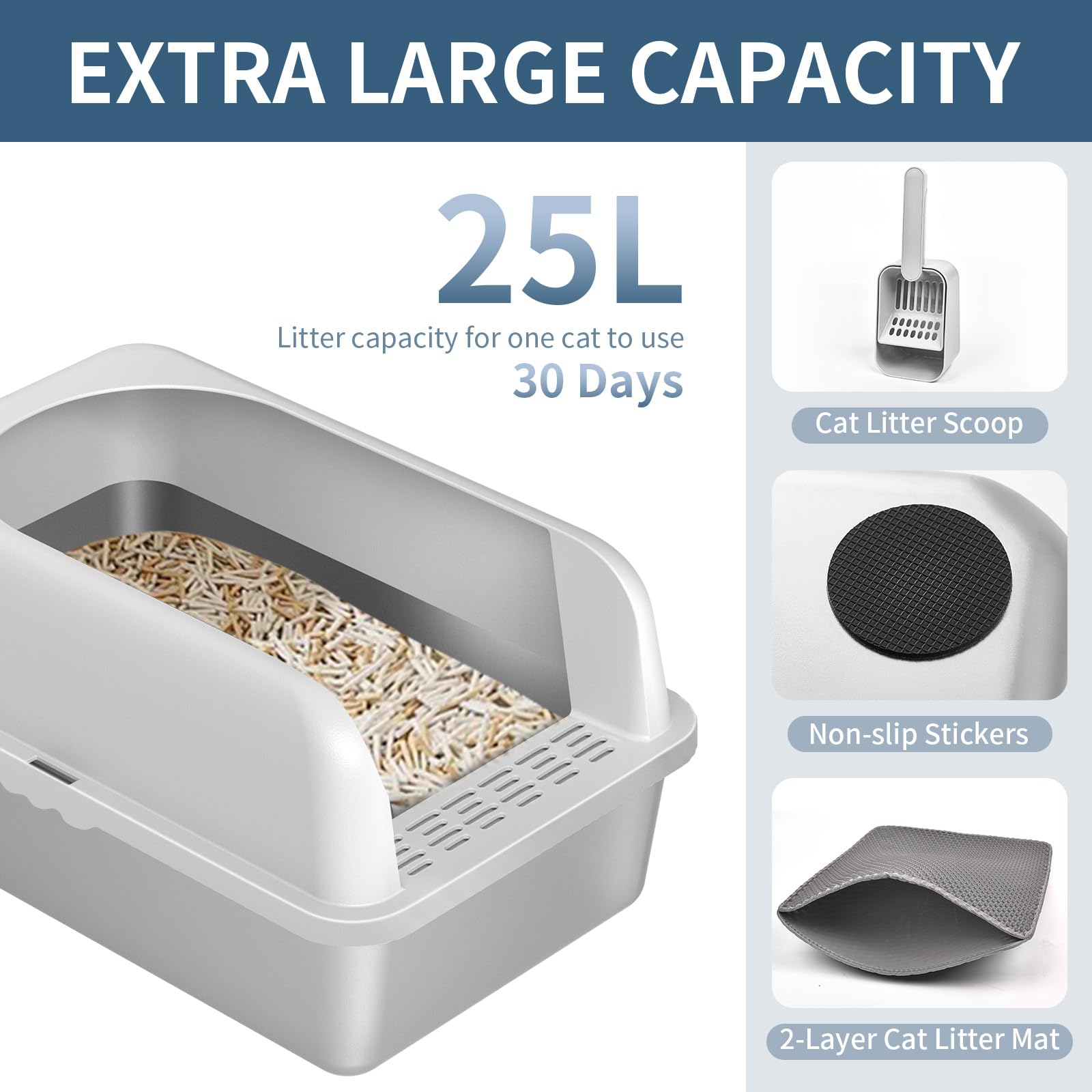 Prodigen Extra Large Stainless Steel Cat Litter Box with Lid High Wall Sides Enclosure, Non-Sticky, Anti-Leakage, Easy Cleaning，with Cat Mat & Metal Scoop, 24" L x 16" W x 12" H - image 5
