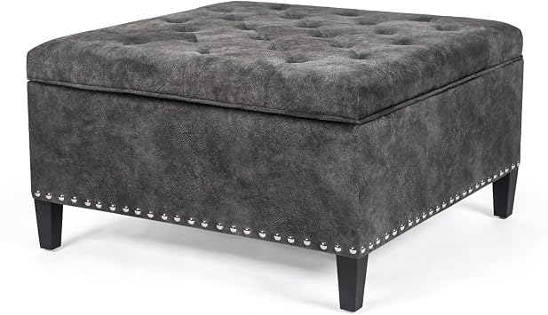 Homebeez Velvet Square Storage Ottoman Bench, Coffee Table Footstool with Wooden Legs, Versatile Footrest for Living Room, Dark Grey