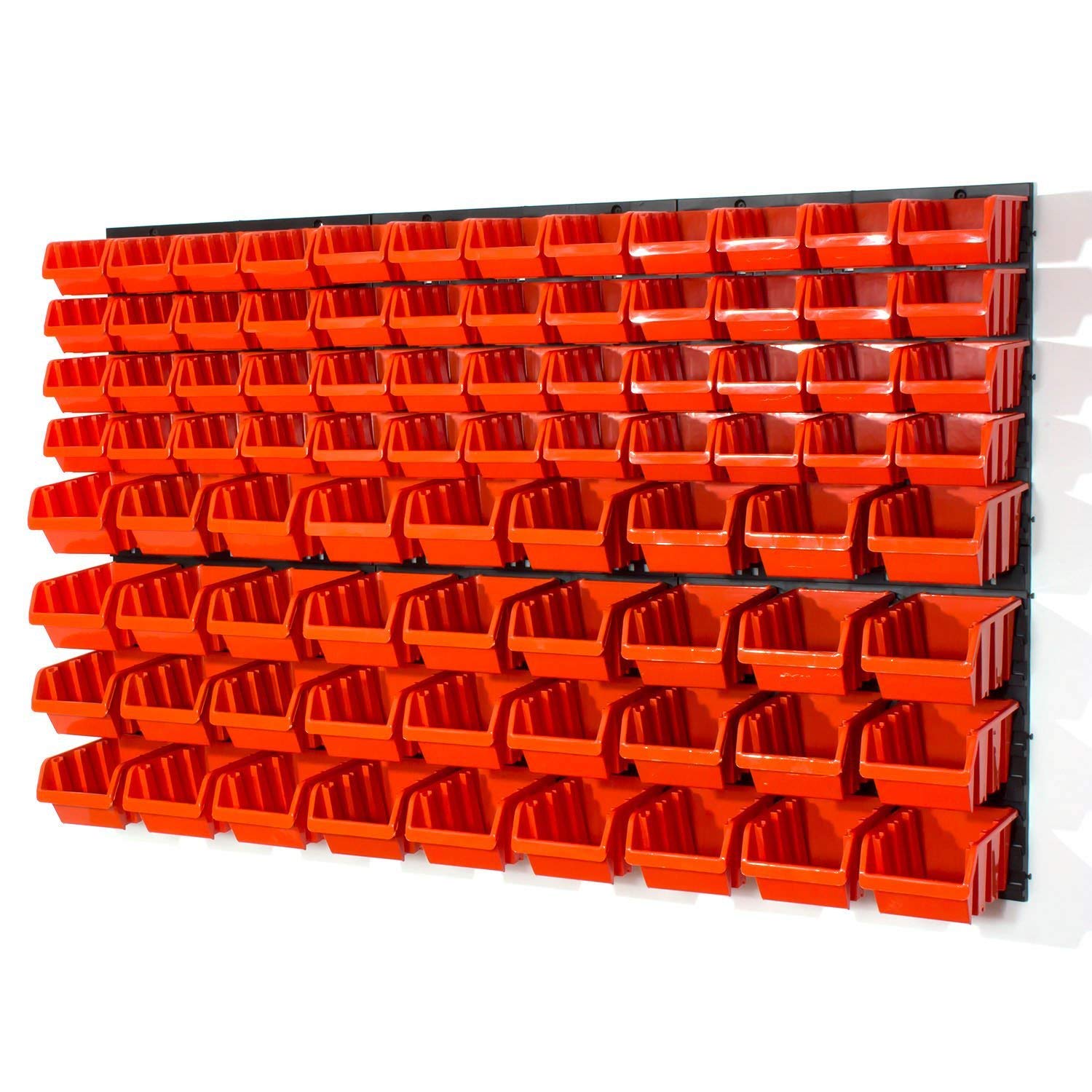 48 orange S size and 36 orange M size storage bins with wall mounted panel