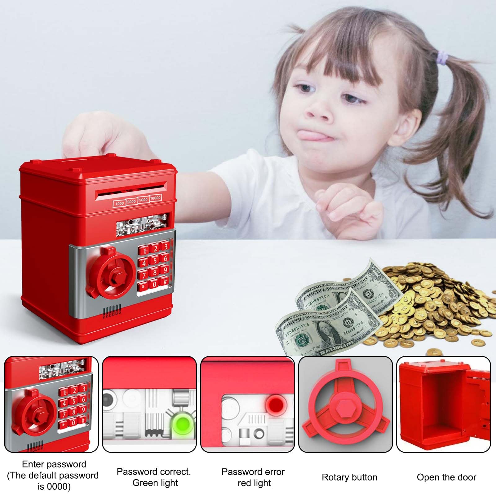 Spardose Für Kinder, ATM Sparschwein, Digitale Spardose Mit Passwort, Geldsparbox Mit Passwort Code Lock & Auto Money Scroll, ATM Sparschwein Kinder Für Münzen Scheine Geschenk (Rot)