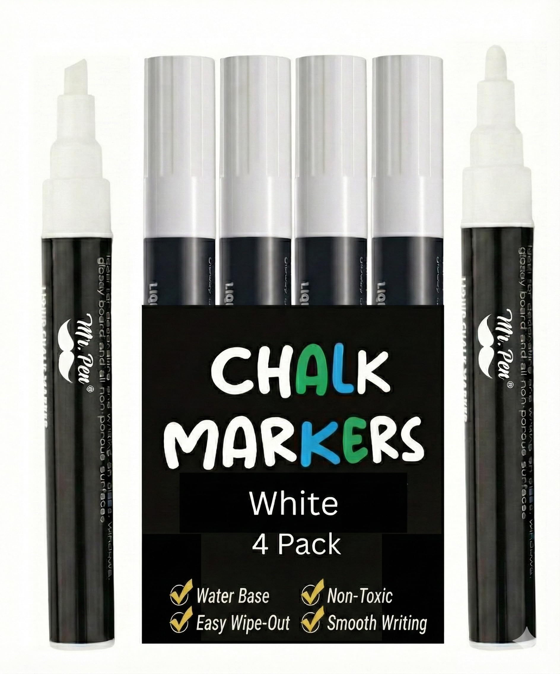 Mr. Pen- White Chalk Markers, 4 Pack, Dual Tip, 8 Assorted Colors, For Non-Porous Surfaces, Reversible Chisel and Bullet Tip