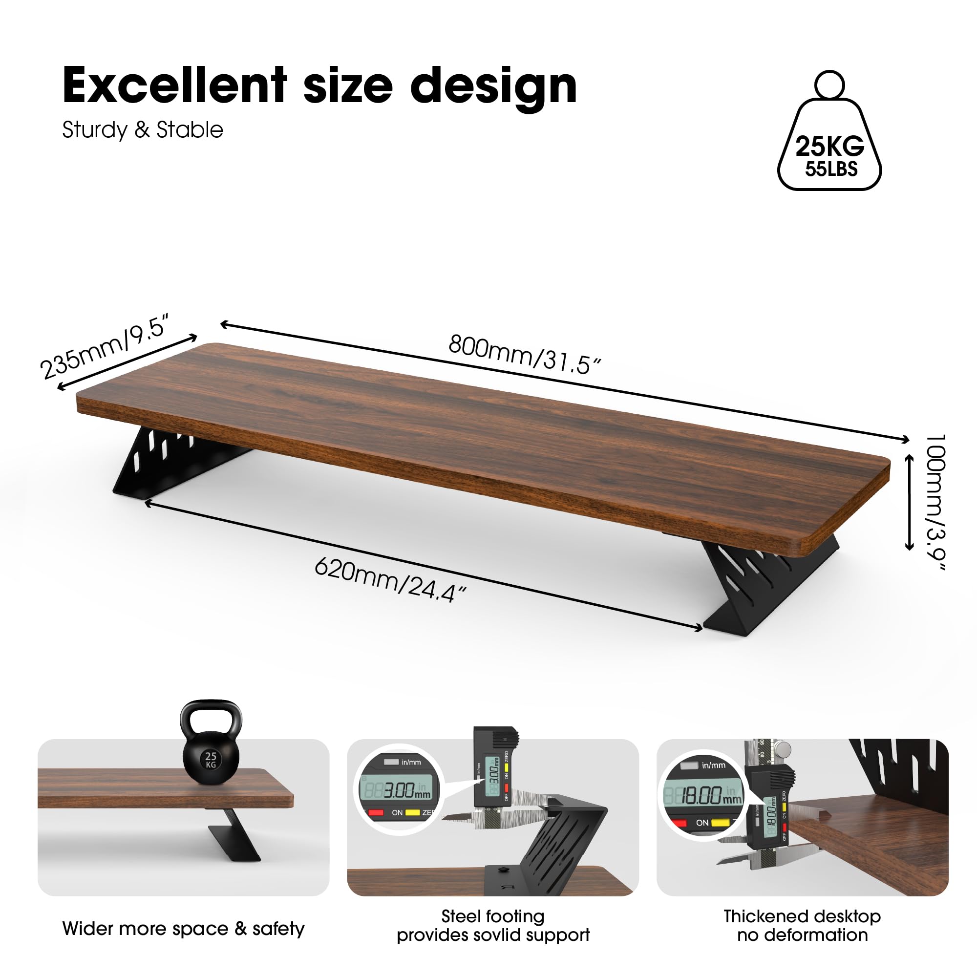 Fenge Soporte de Monitor de Madera con Estructura de Metal, Elevador para Escritorio de Doble Monitor, Soporte para Laptop, Computadora , con Estante de Almacenamiento, L80xW23.5xH10cm, Marrón