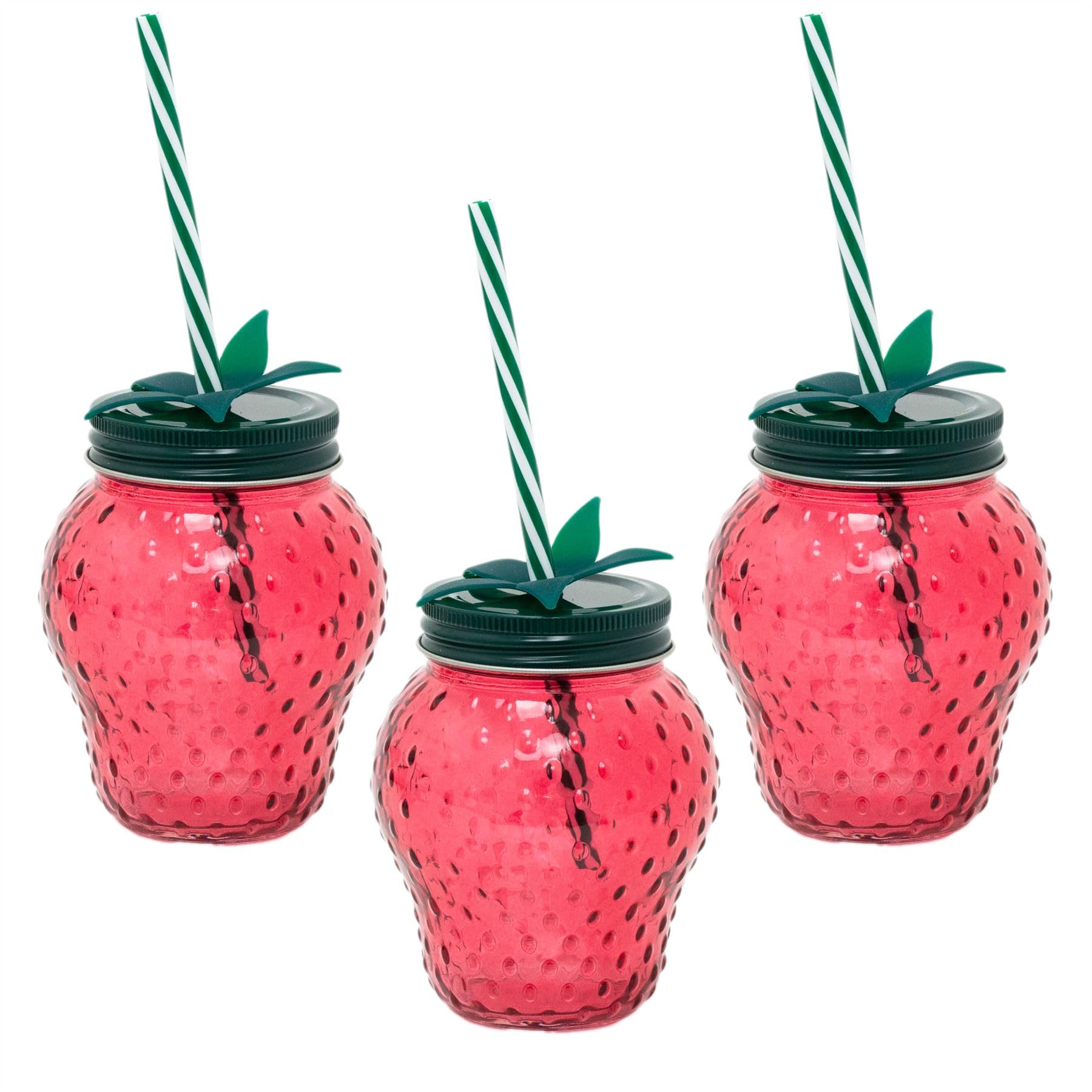 Carousel Home Pack of 3 Strawberry Glass Drinking Jars with Lid & Straw | Fun Summer Red Strawberry Mason Jars | Novelty Glasses for Picnics, Parties & Outdoor Cocktails - 450ml