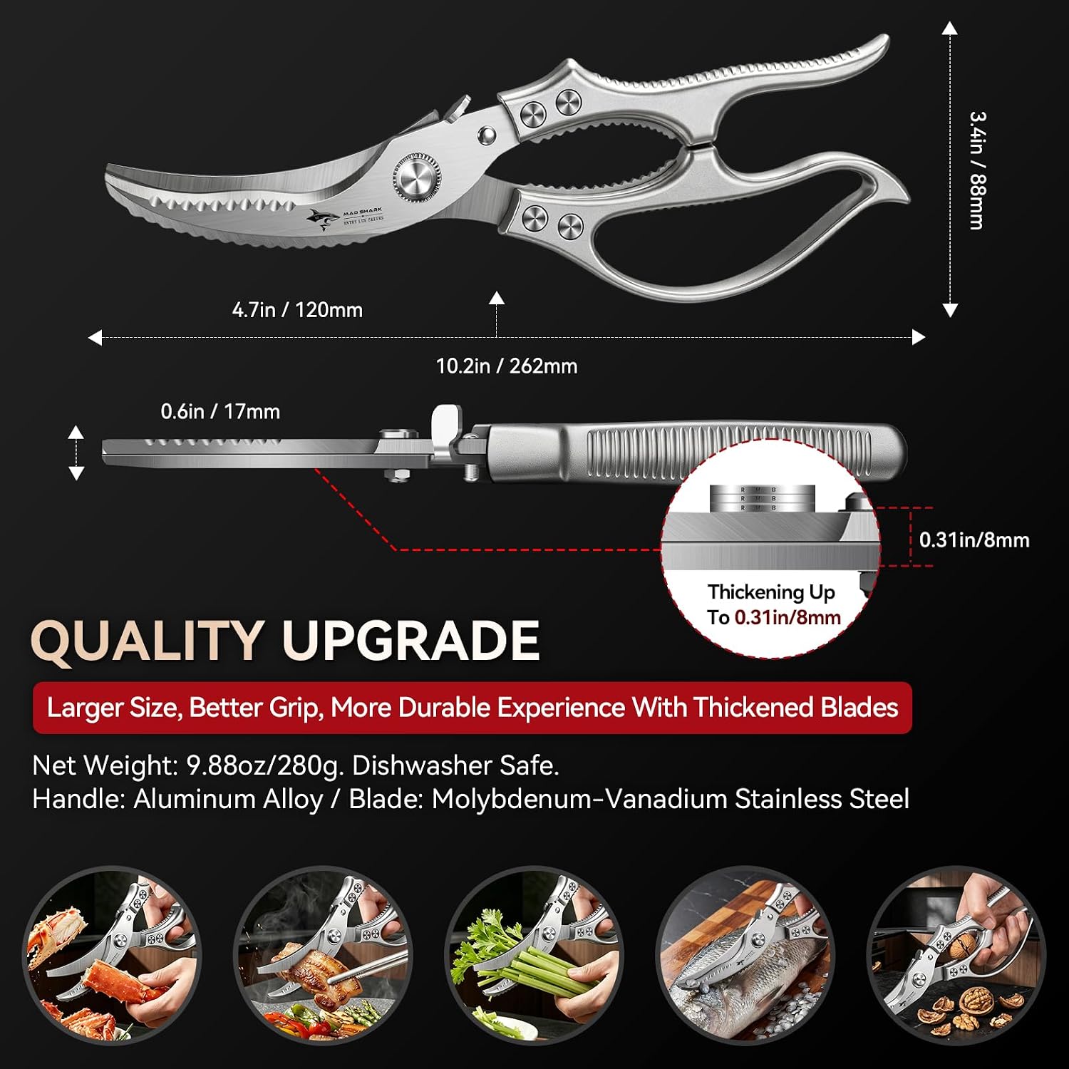 MAD SHARK Heavy Duty Poultry Shears, Kitchen Shears with Non-Slip Handle & Safety Lock, All Purpose Kitchen Scissors for Chicken, Meat Cutting, Turkey, Fish, Vegetables, Spring Loaded, Dishwasher Safe thumbnail