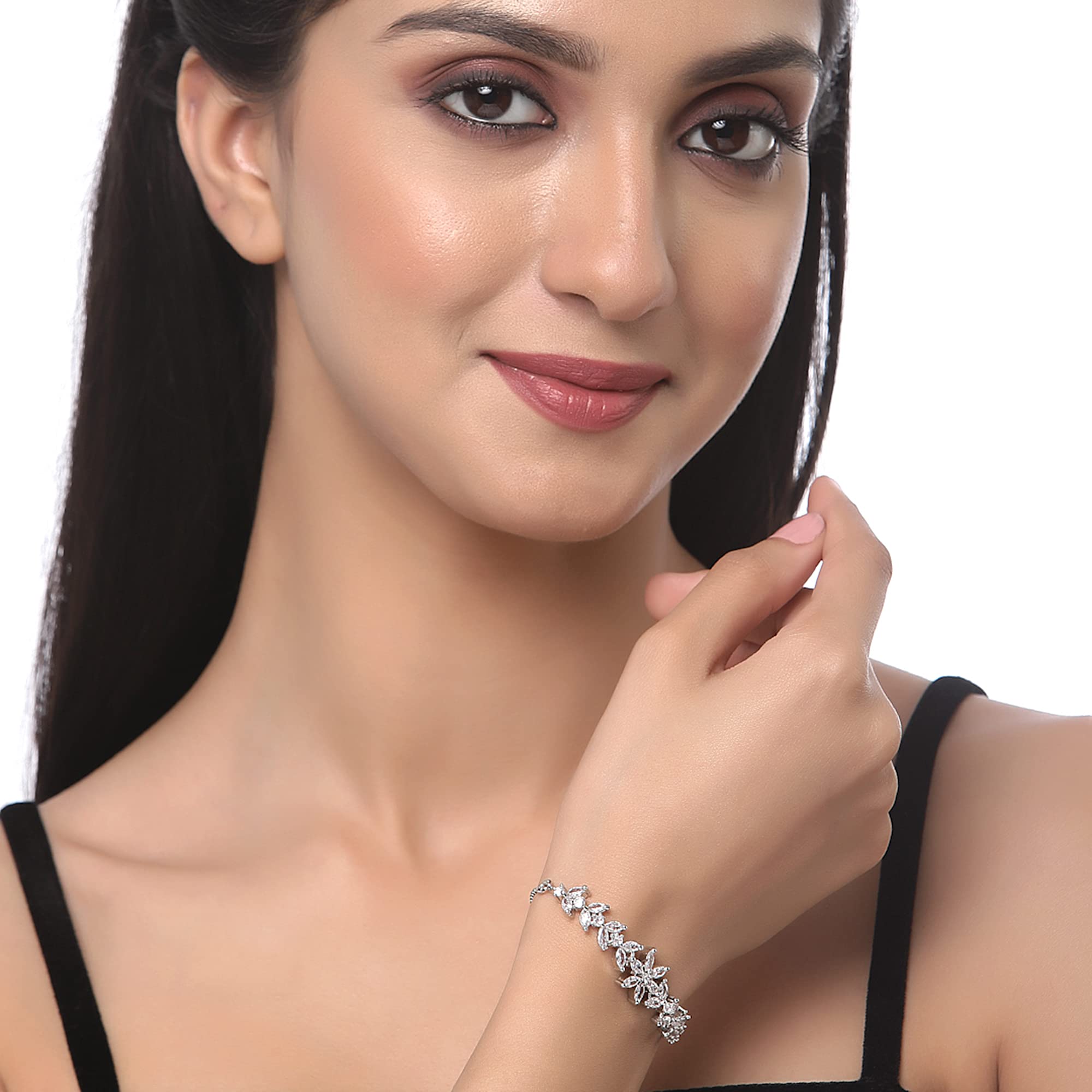 ZENEME Bracelet Rhodium-Plated Silver Toned Stylish Flower Shaped Crystal American Diamond Charm Bracelet For Women and Girls