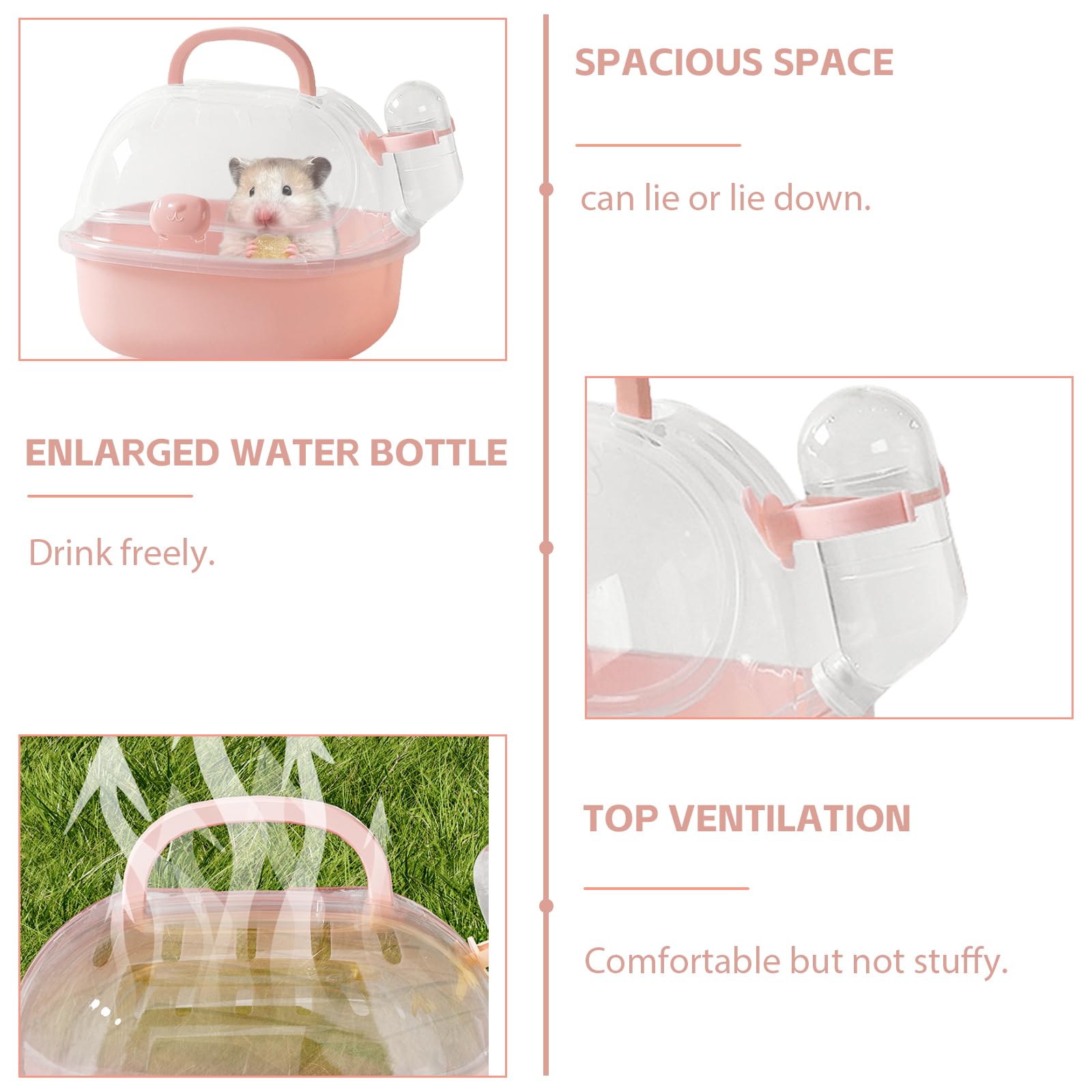 Boîte de transport pour hamster avec bouteille d'eau, portable, avec poignée confortable, 20 L x 18 l x 19 H cm, boîte de voyage pour souris, cochon d'Inde, lapin (rose)