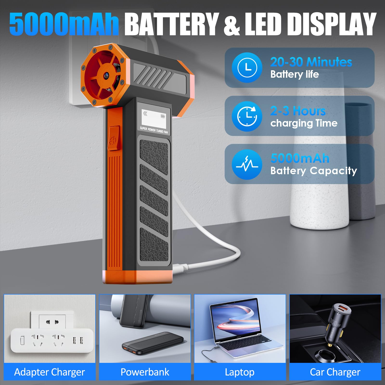 Souffleur Air Comprimé et Aspirateur, Bombe Air Sec Souffleur PC | 130000 RPM, Dépoussiérants Puissants électrique 4 Vitesses avec Lumière LED, Mini Souffleur pour Nettoyage PC/Voiture/Maison